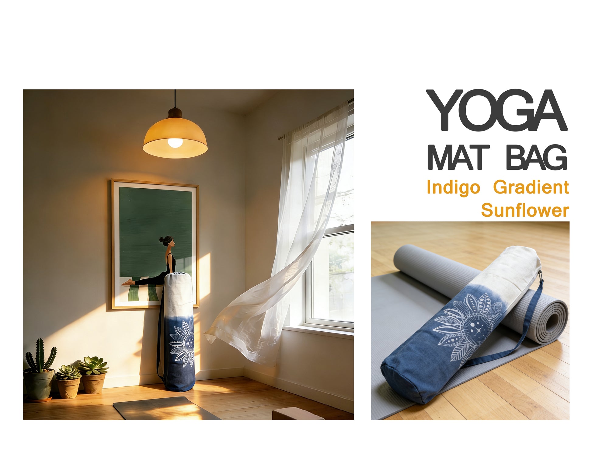 Yoga mat bag with indigo gradient and sunflower design on a wooden floor.