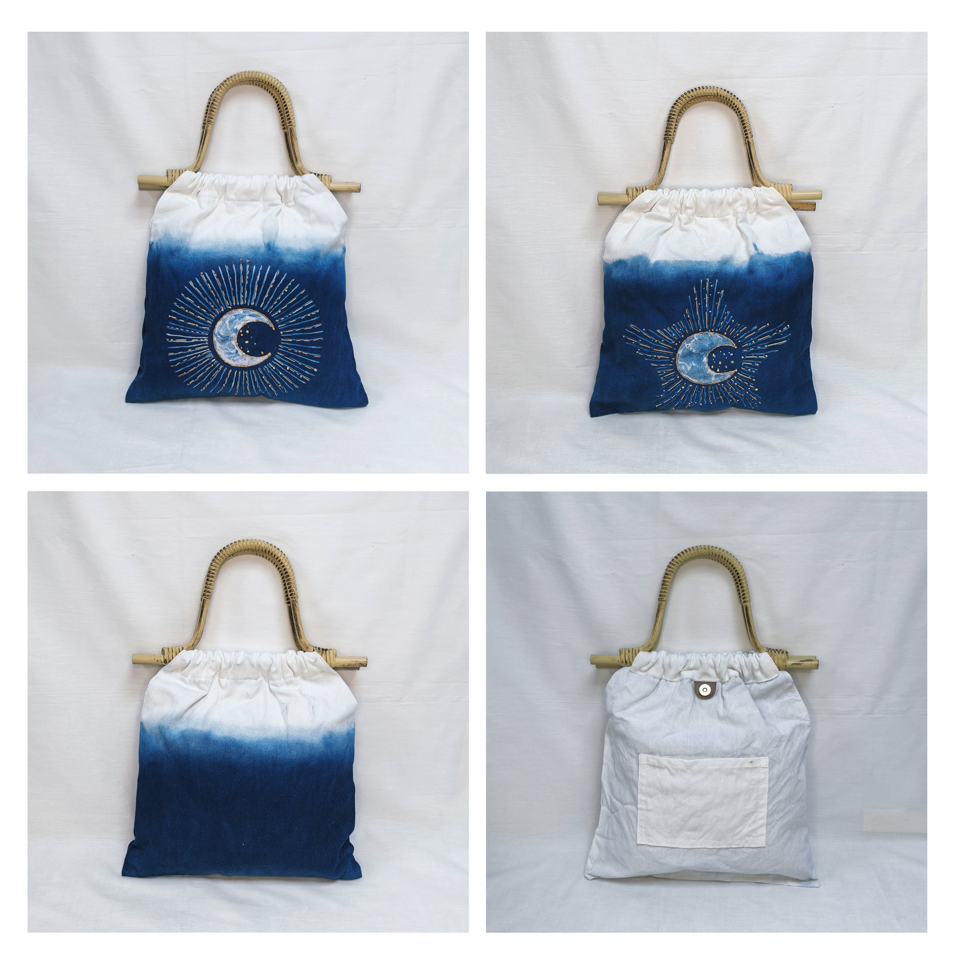 Collage of a blue and white tote bag with a moon design on a white background
