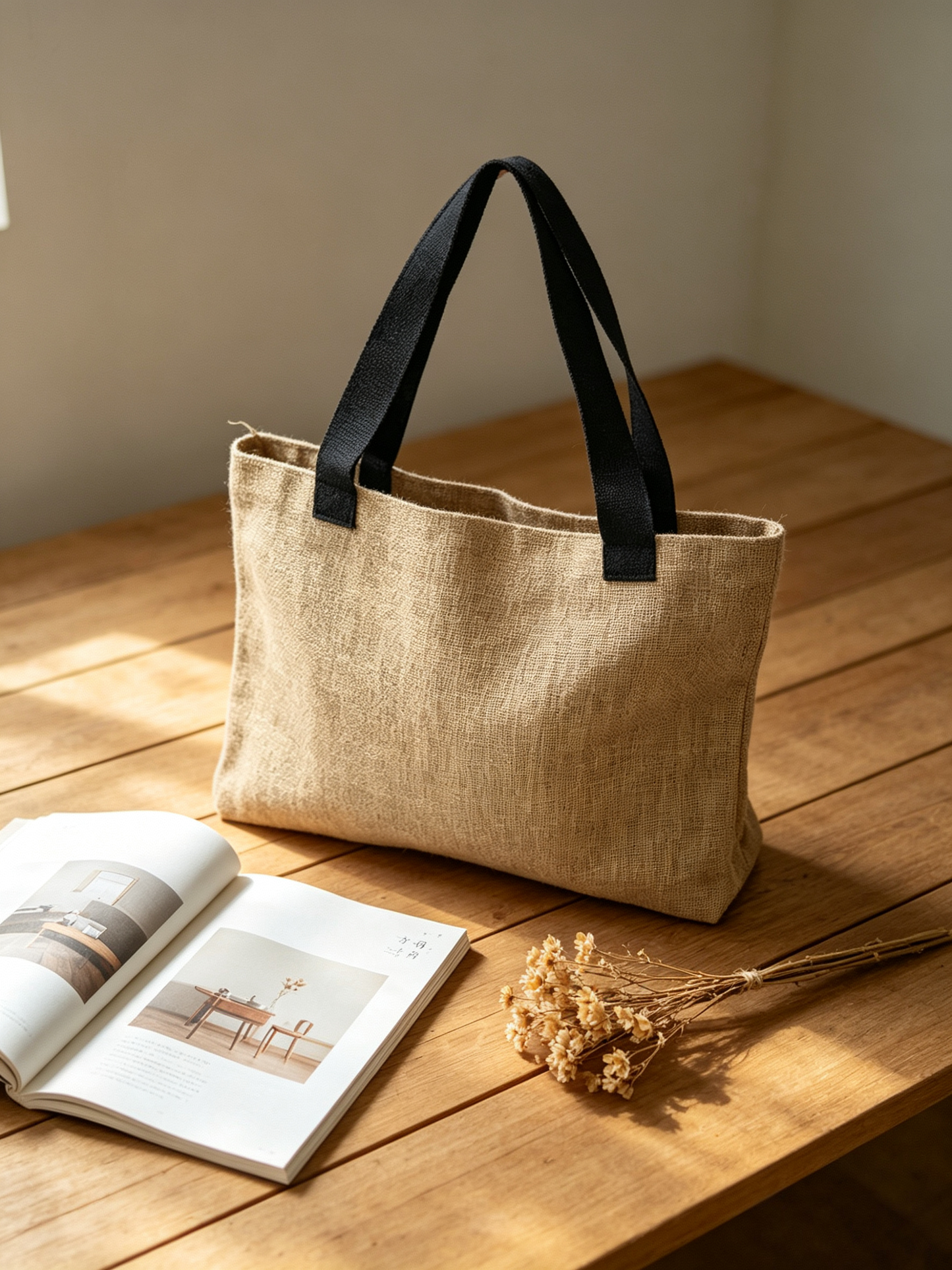 Beige tote bag with black handles on a wooden surface next to an open book and dried flowers.