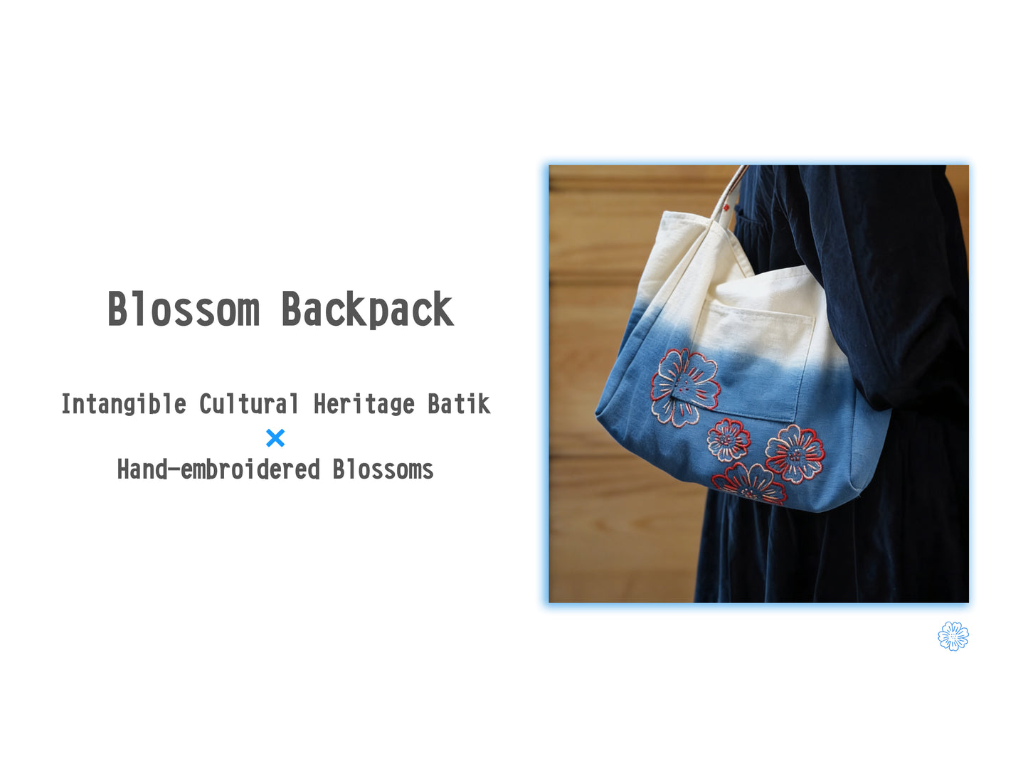 Blossom Backpack with hand-embroidered blossoms on a white background