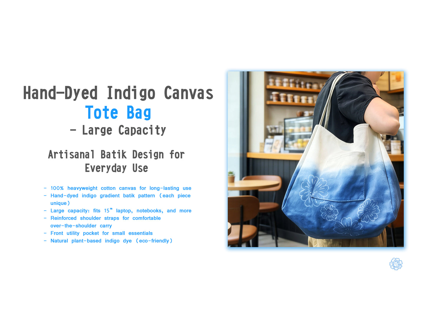 Hand-dyed indigo canvas tote bag with text on a white background