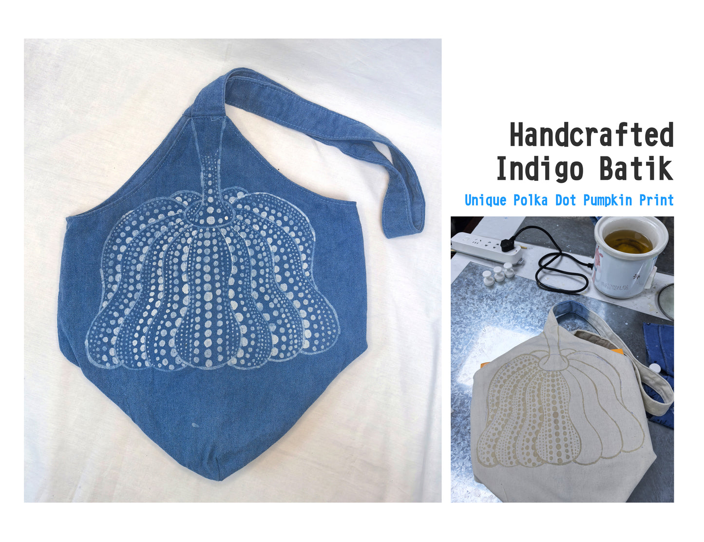 Blue handcrafted indigo batik bag with pumpkin design on a white background