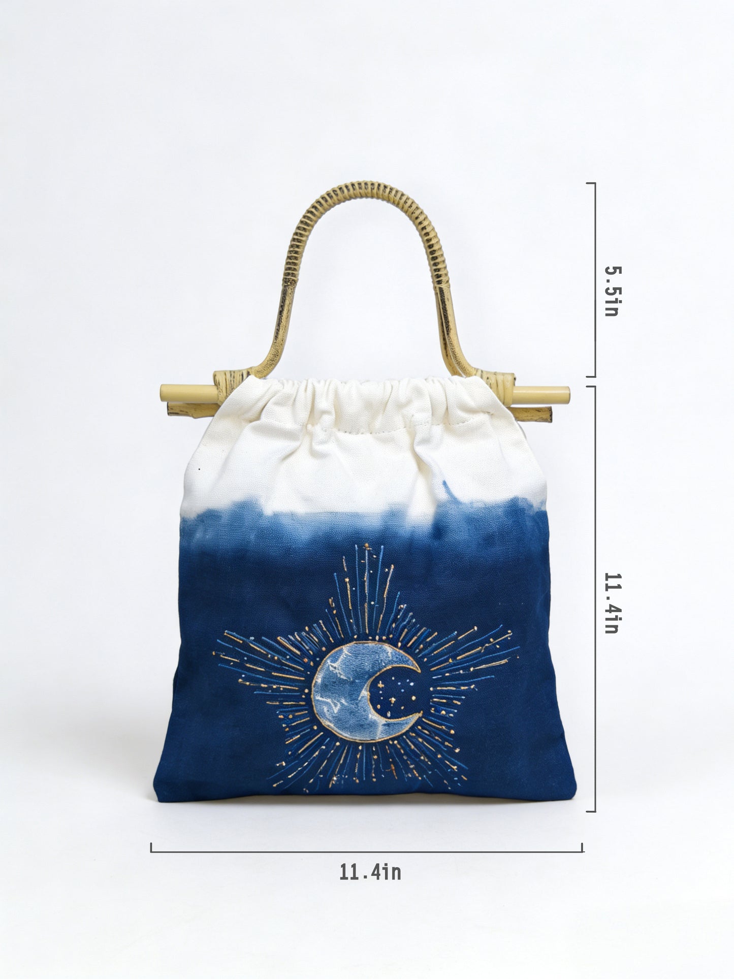 Drawstring bag with bamboo handle and celestial design, shown with dimensions on a white background.