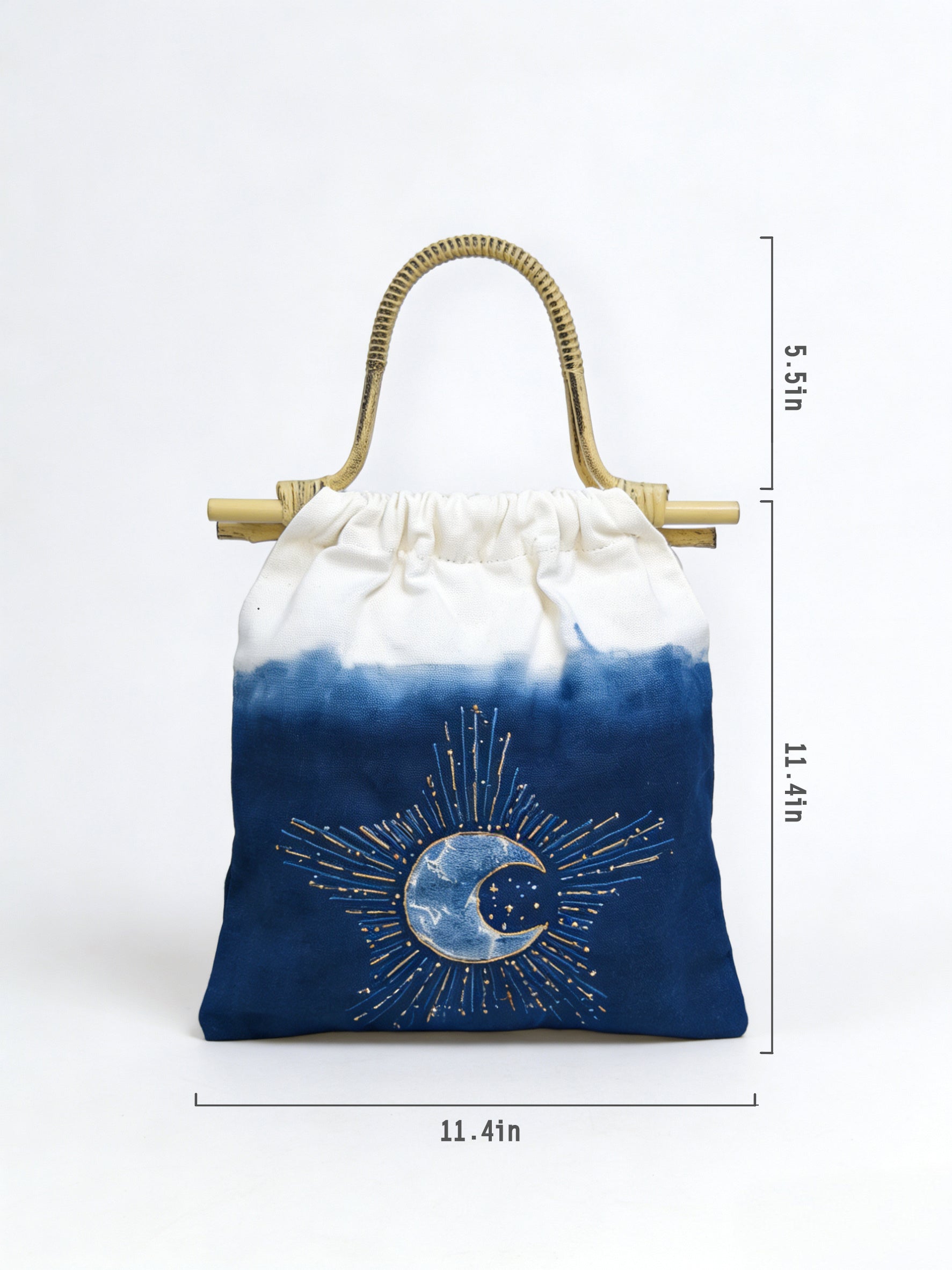 Drawstring bag with bamboo handle and celestial design, shown with dimensions on a white background.