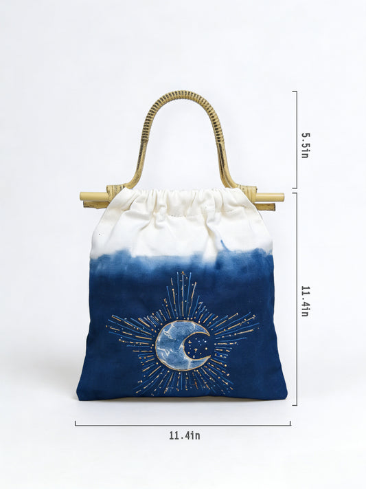 Drawstring bag with bamboo handle and celestial design, shown with dimensions on a white background.