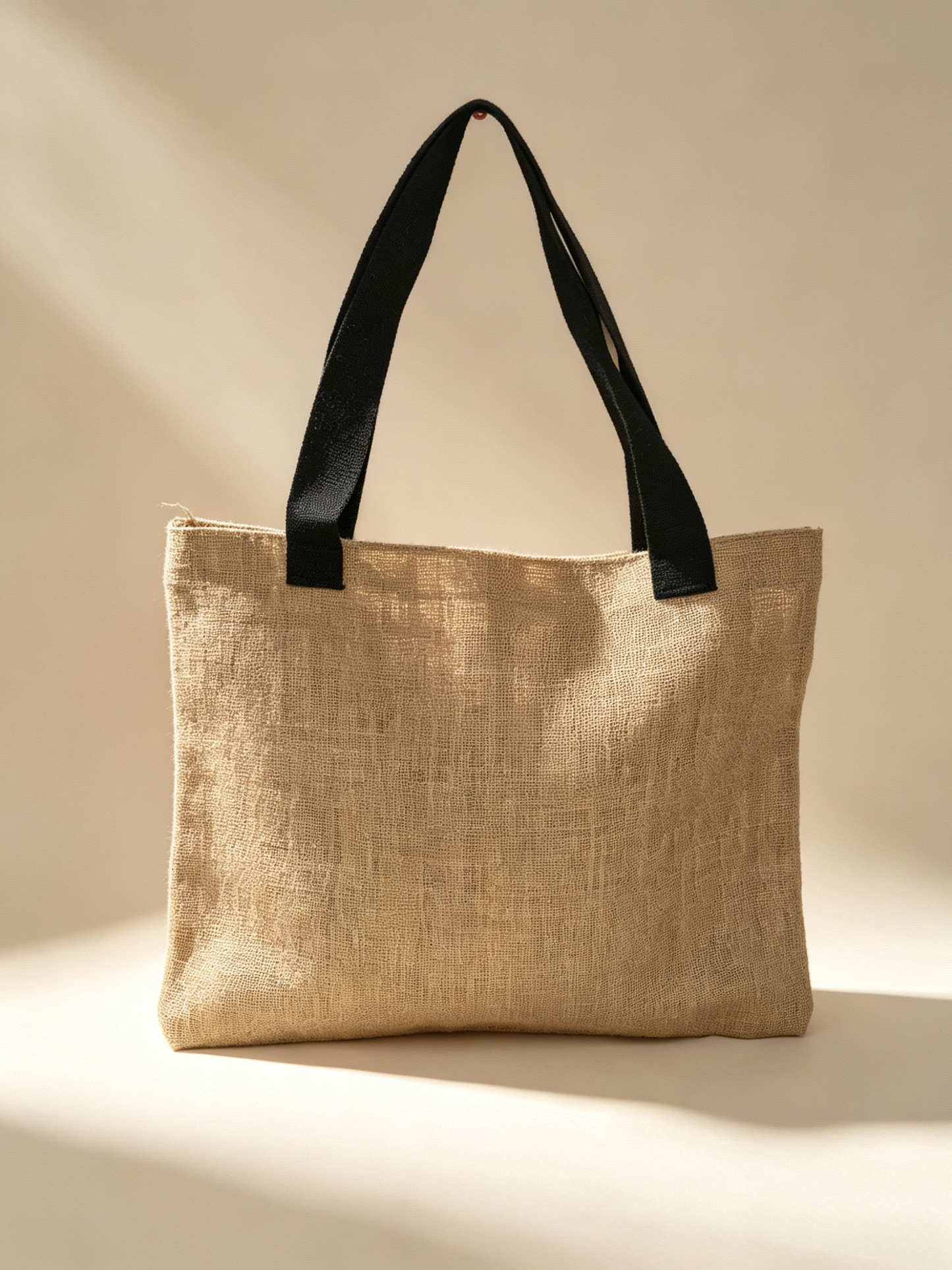 Beige tote bag with black handles on a beige background