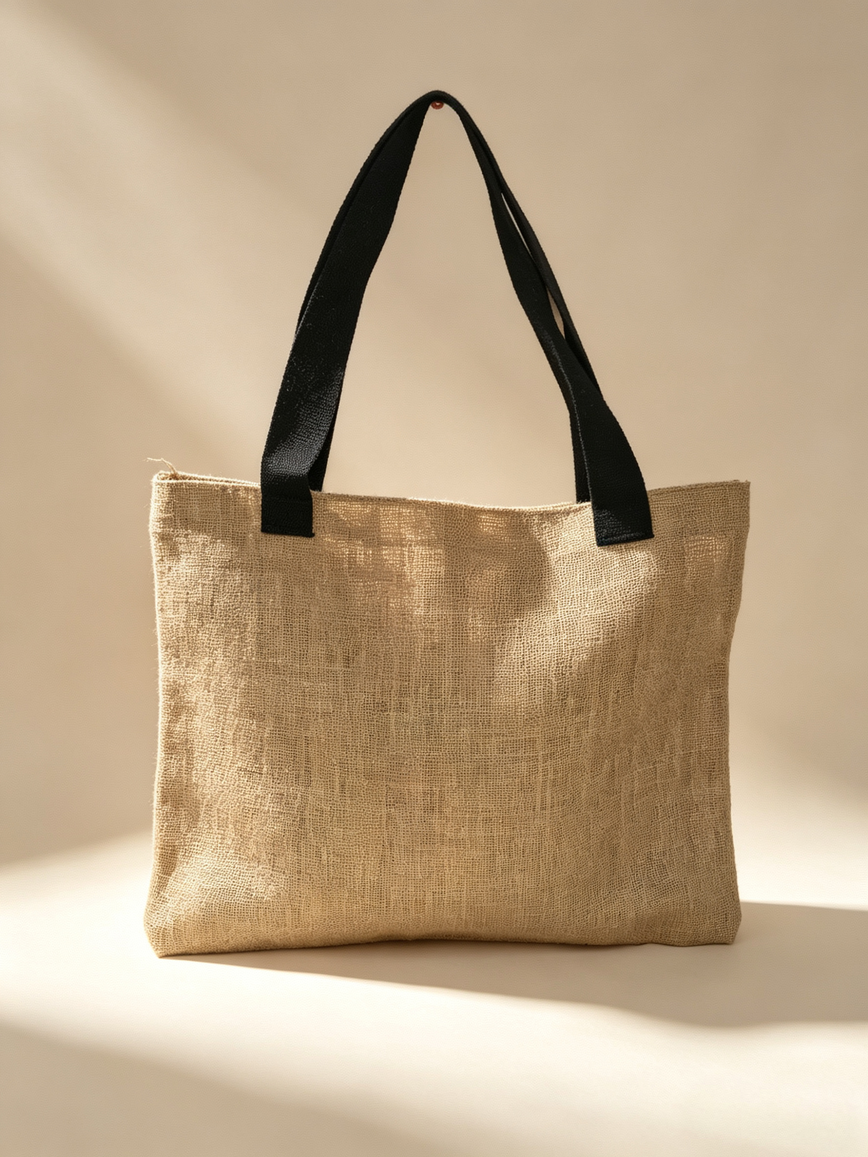 Beige tote bag with black handles on a beige background