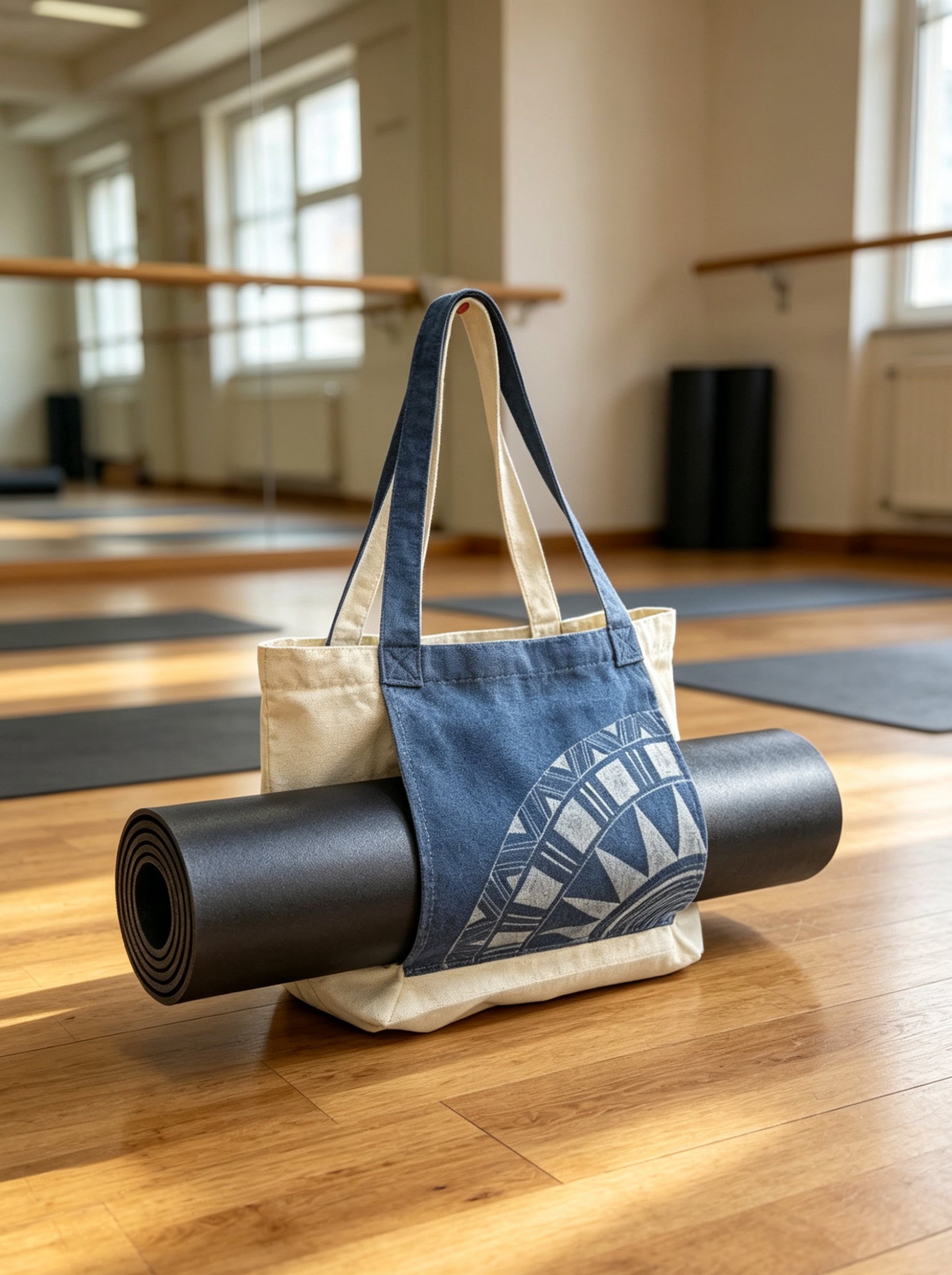 Yoga mat and tote bag on a wooden floor in a bright room with large windows.
