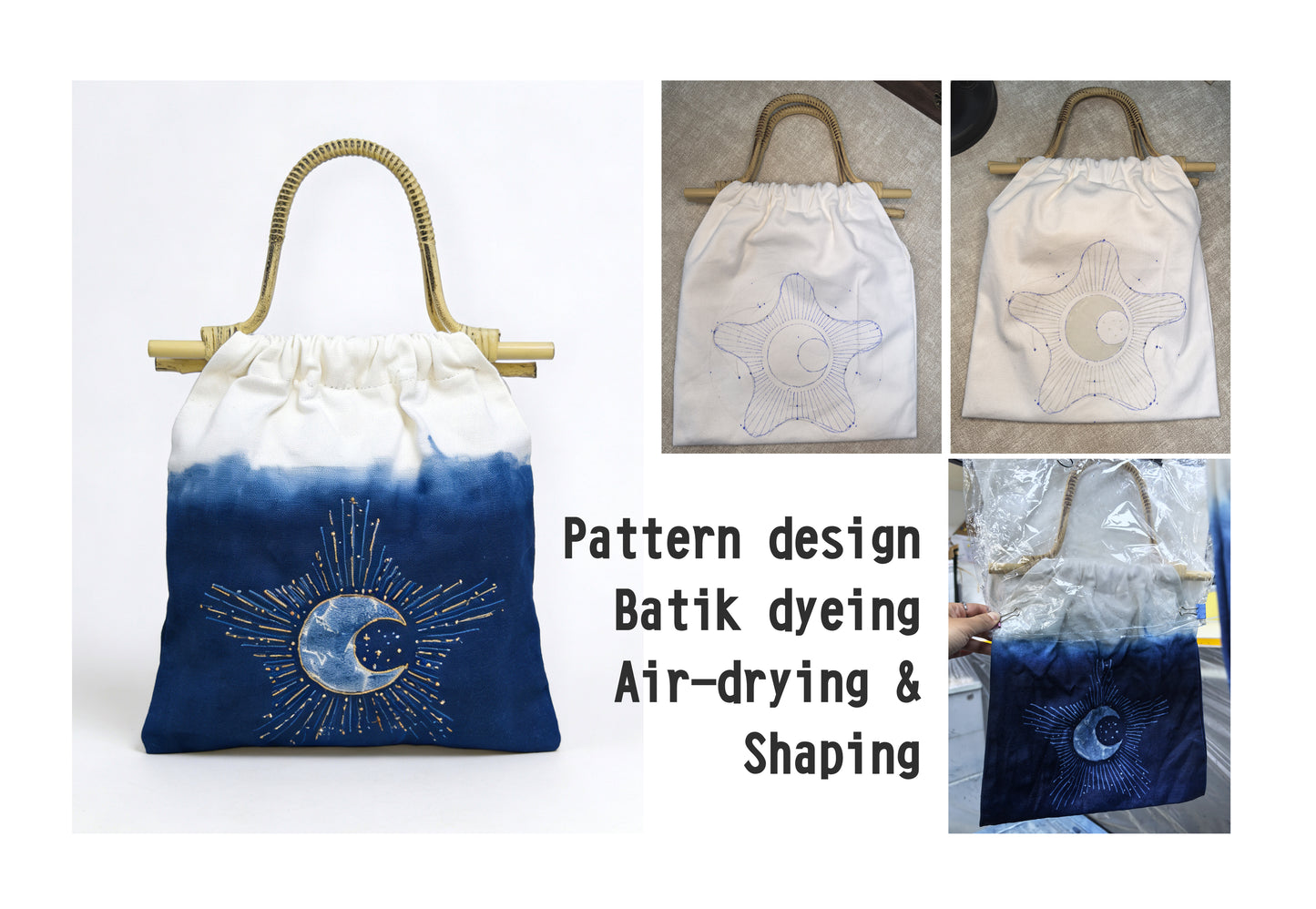 Collage of a patterned bag with batik design, air-drying, and shaping process.