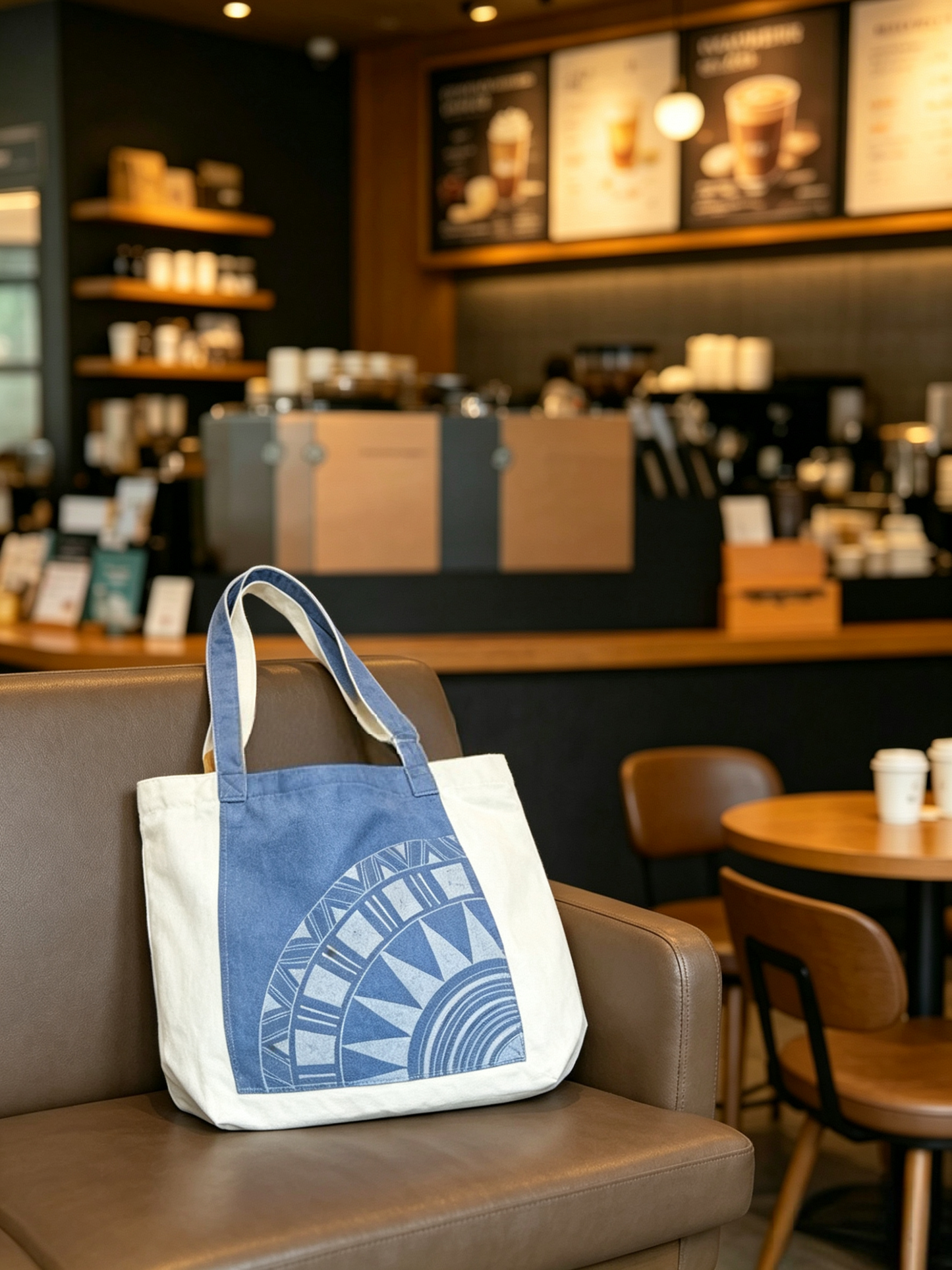 Blue and white tote bag on a chair in a coffee shop setting
