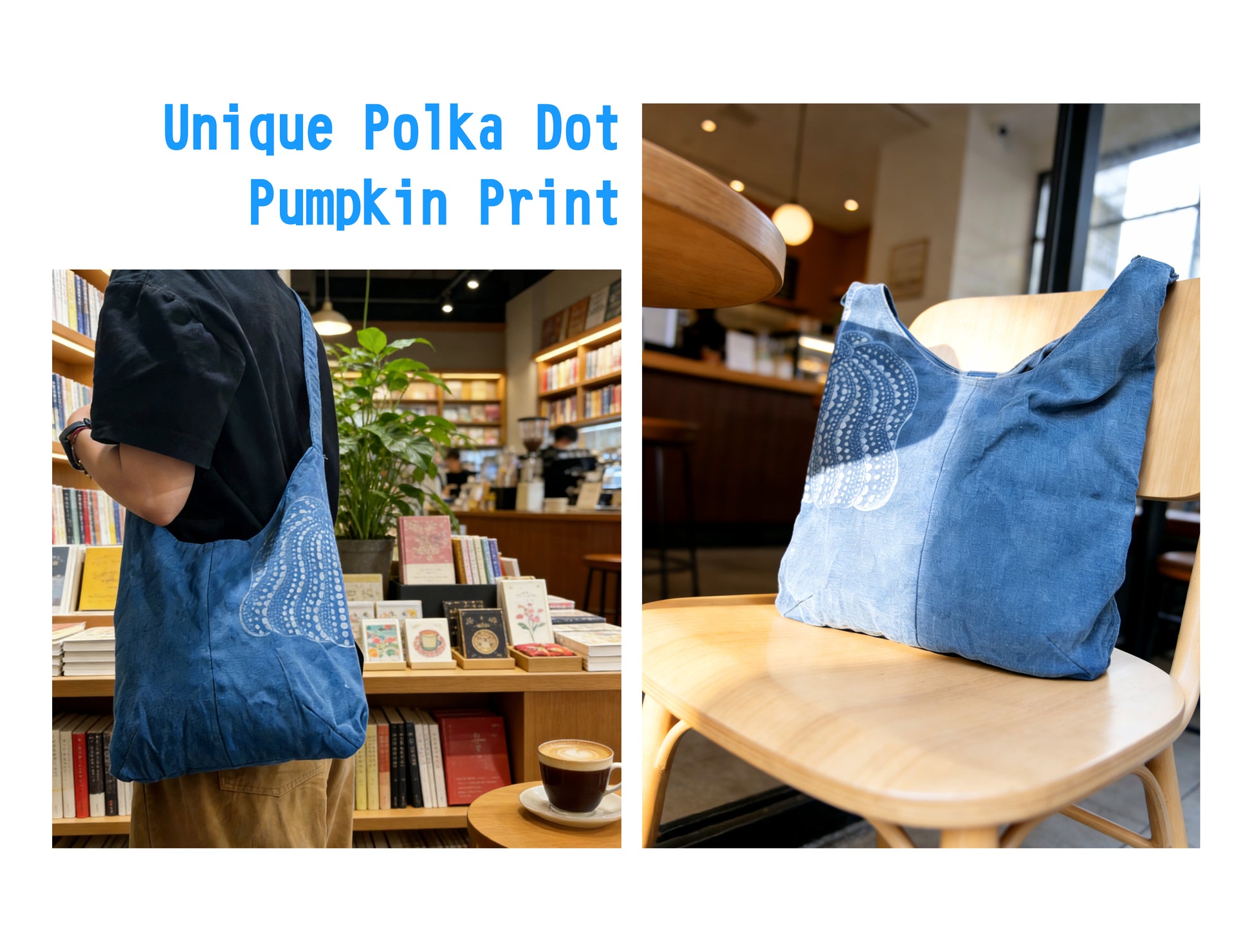 Blue bag with polka dot pumpkin print held by a person in a bookstore and on a chair.