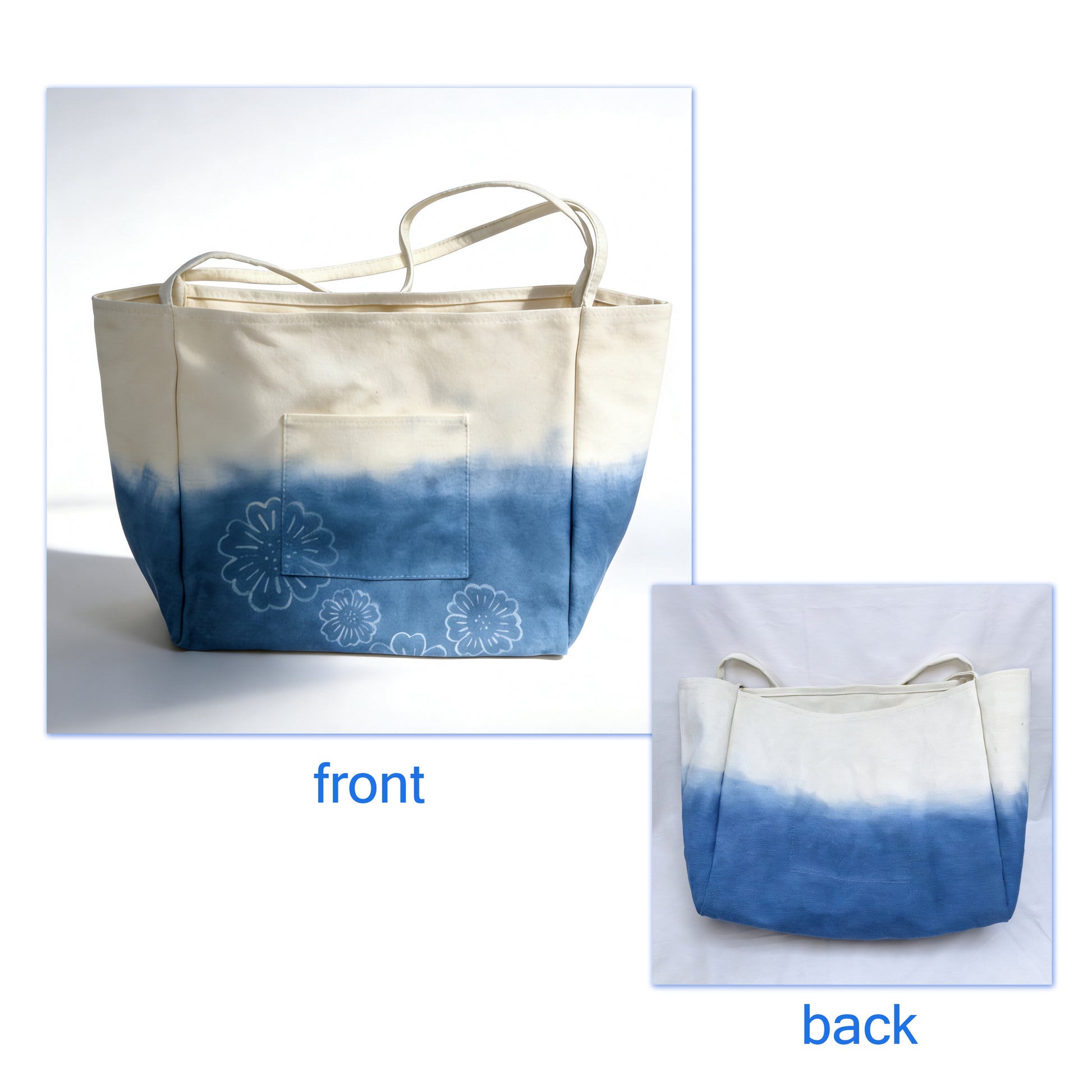 Tote bag with blue to white gradient and floral design on a white background