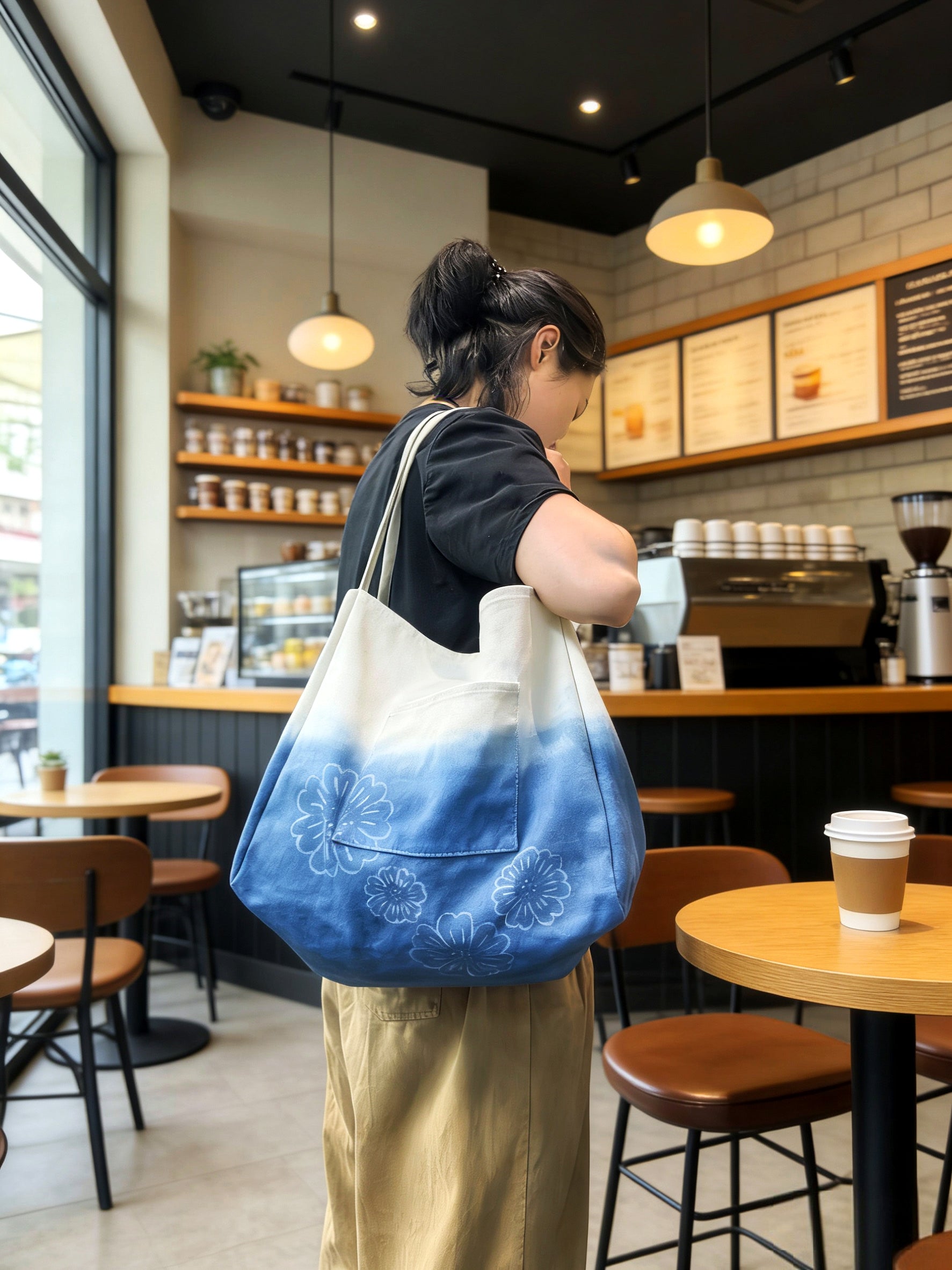 Person holding a gradient blue and white tote bag in a cafe.