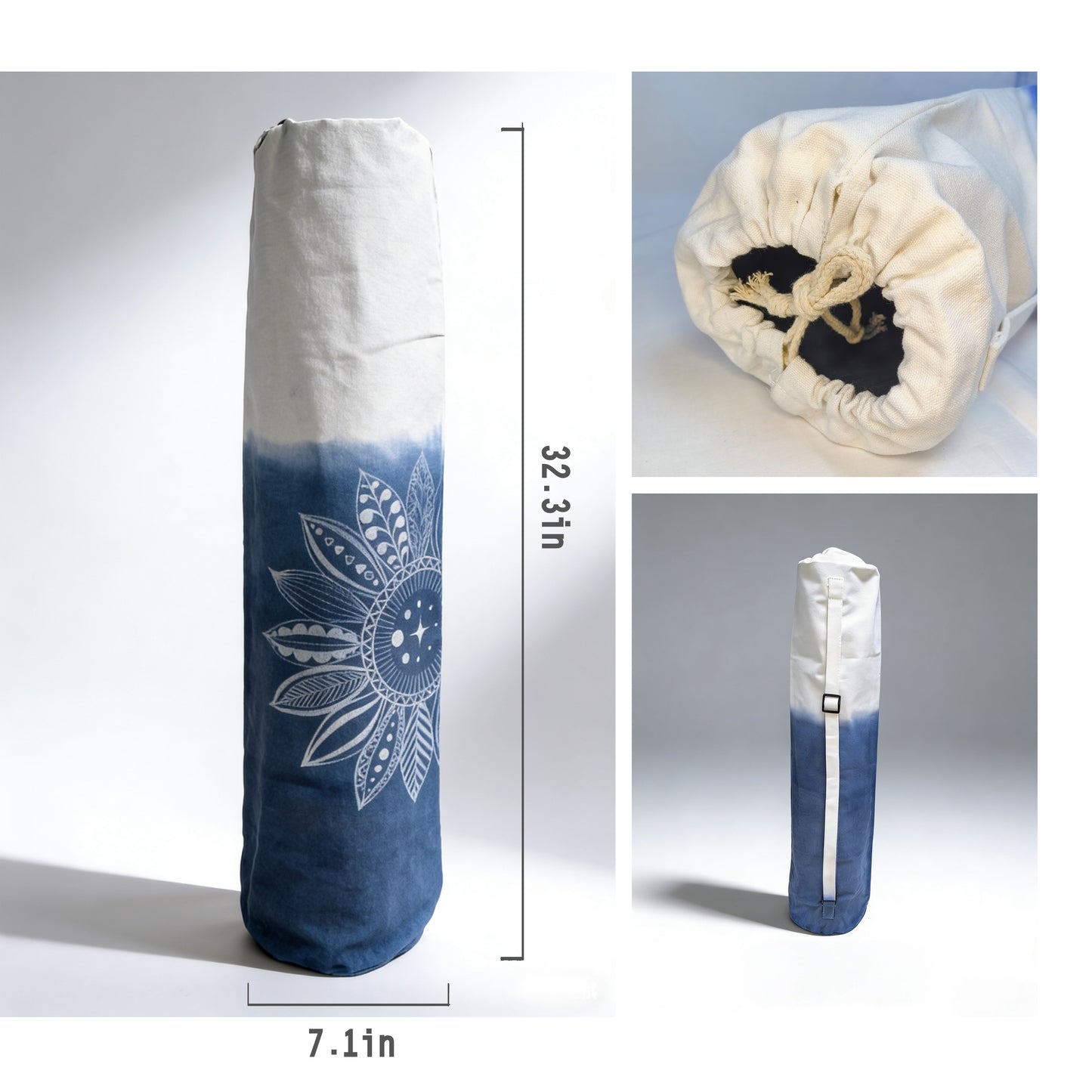 Yoga mat bag with blue and white gradient design, featuring a sunflower pattern, on a light gray background.