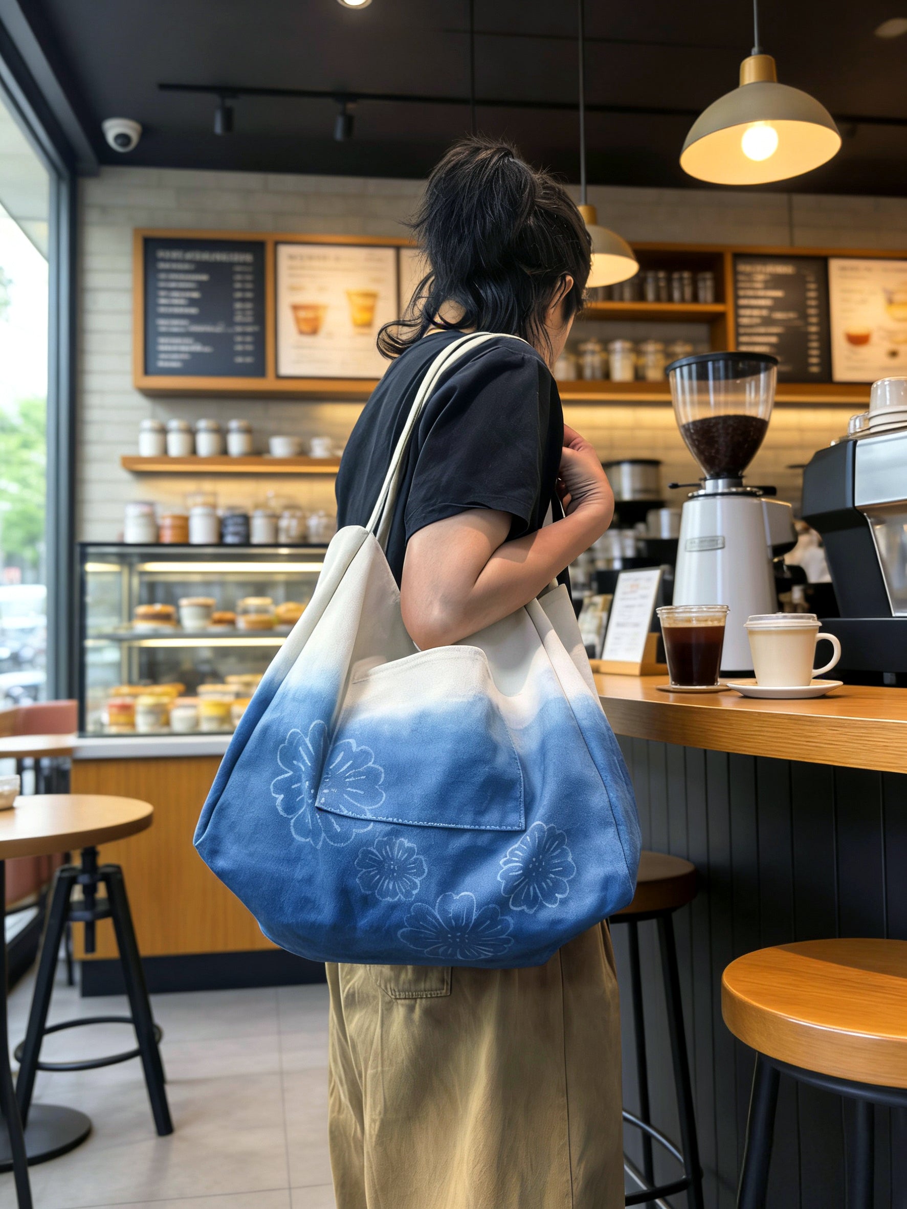 Person holding a blue and white tote bag in a coffee shop.