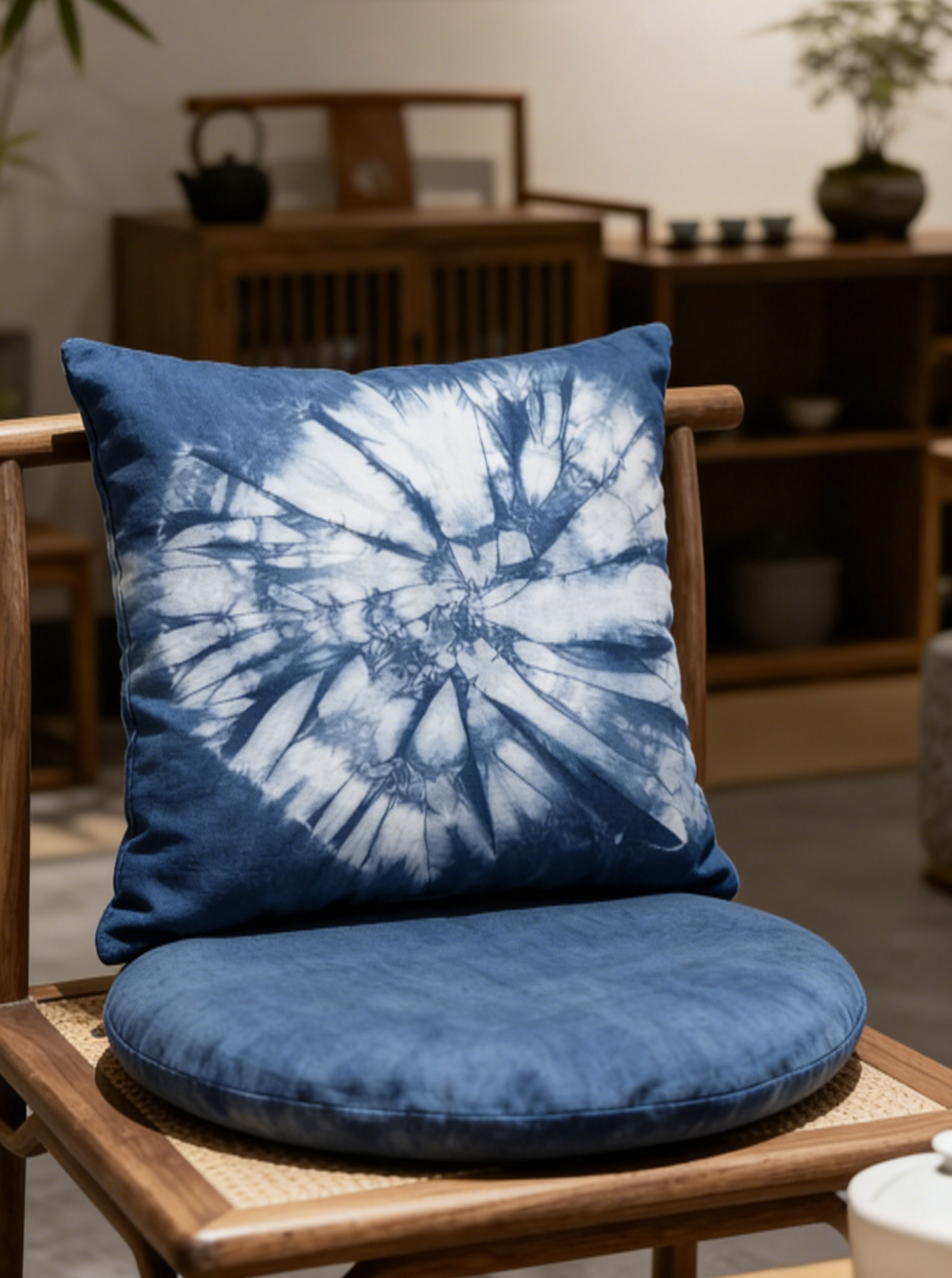 Blue tie-dye cushions on a wooden chair in a room with wooden furniture and plants.