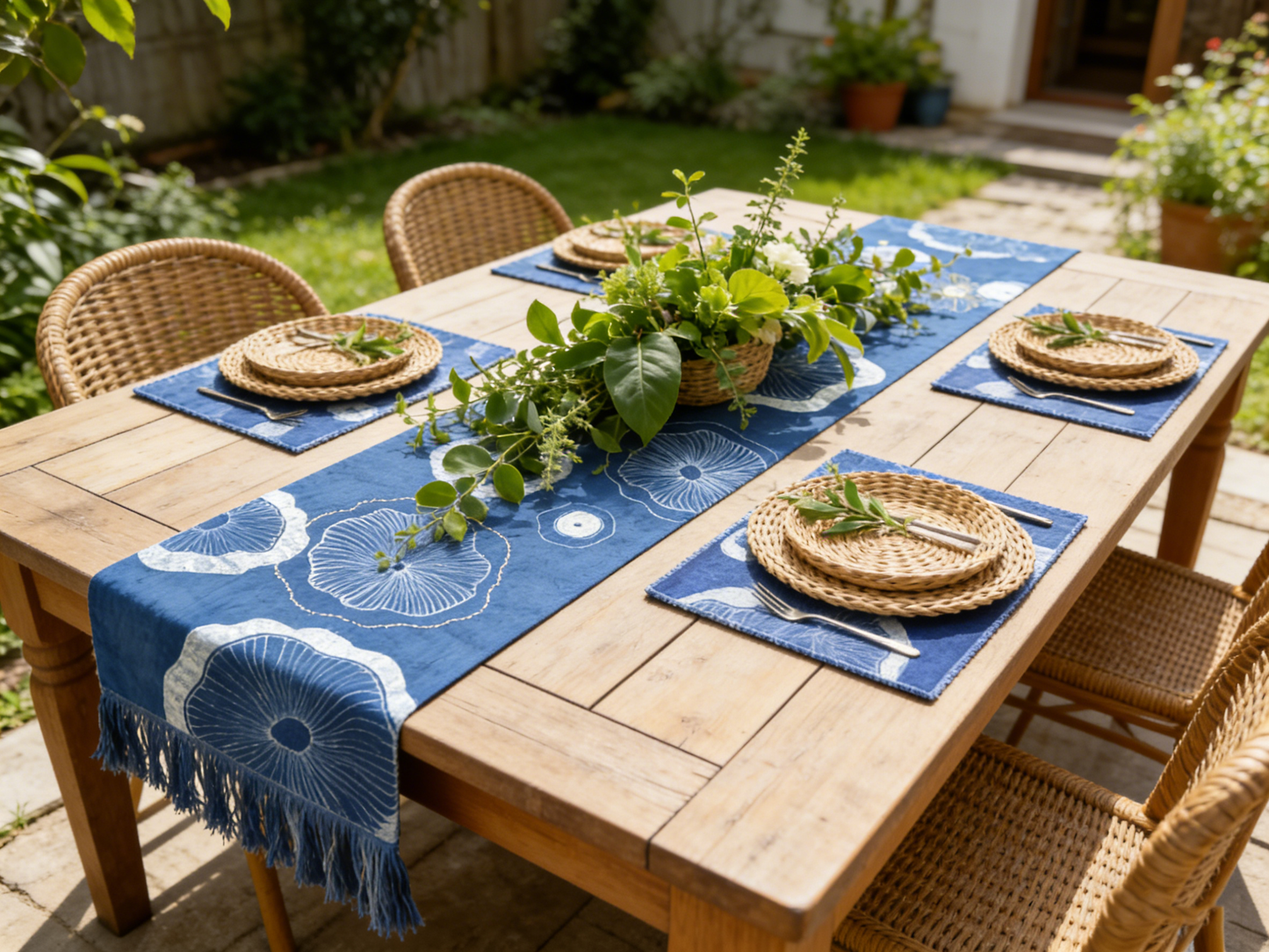 Outdoor dining table set with blue table runner, plates, and greenery.