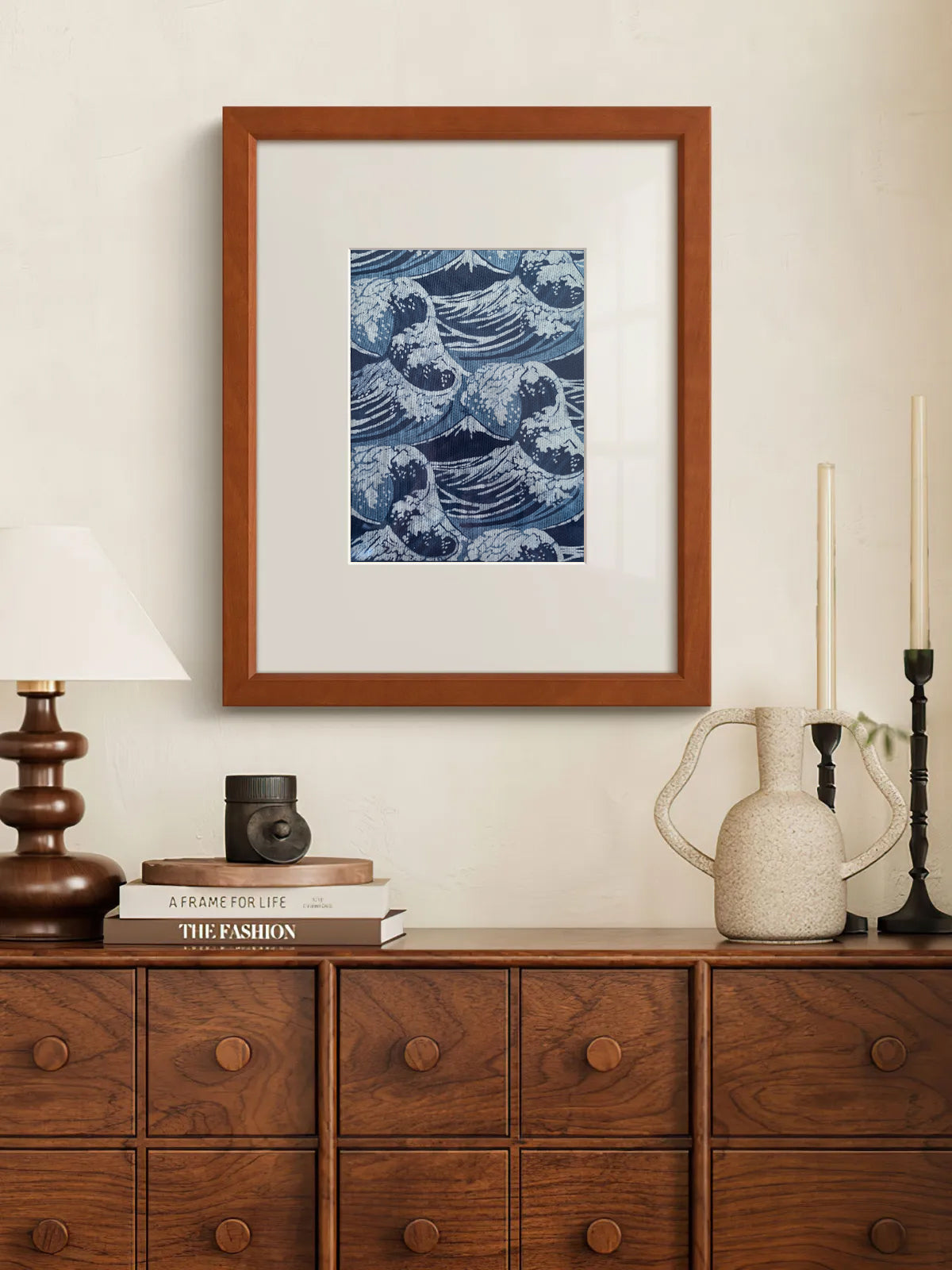 Ocean Waves Batik Wall Art – Handmade Indigo Textile Art, Coastal Wall Decor, Dorm & Apartment Decor, A4 Framed or Unframed