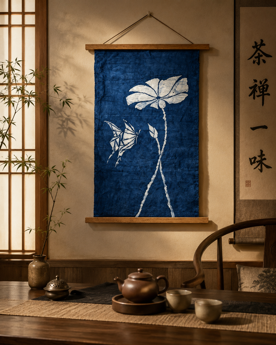 Handmade Indigo Batik Lotus Butterfly Wall Hanging, Textile Wall Art, Cotton Home Décor, Wabi-Sabi Zen Art
