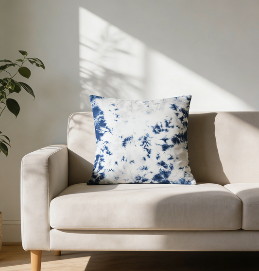 Beige sofa with a blue and white tie-dye pillow in a bright room with sunlight.