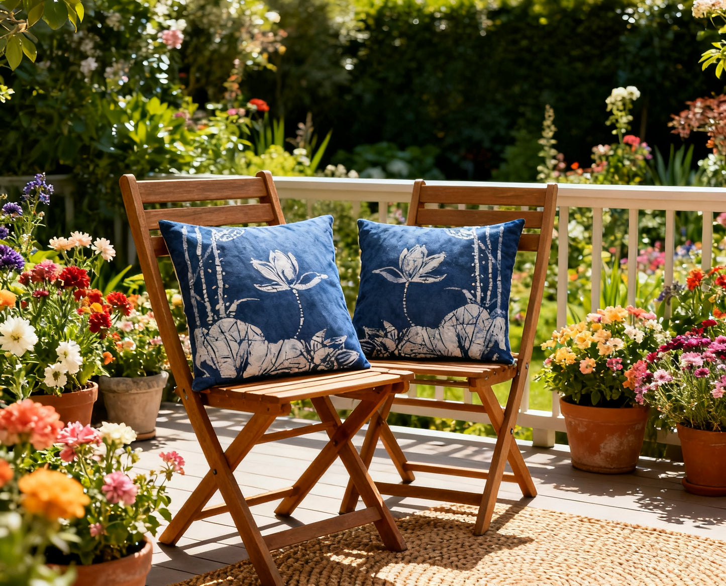 Two wooden chairs with blue pillows on a patio surrounded by flowers and plants.