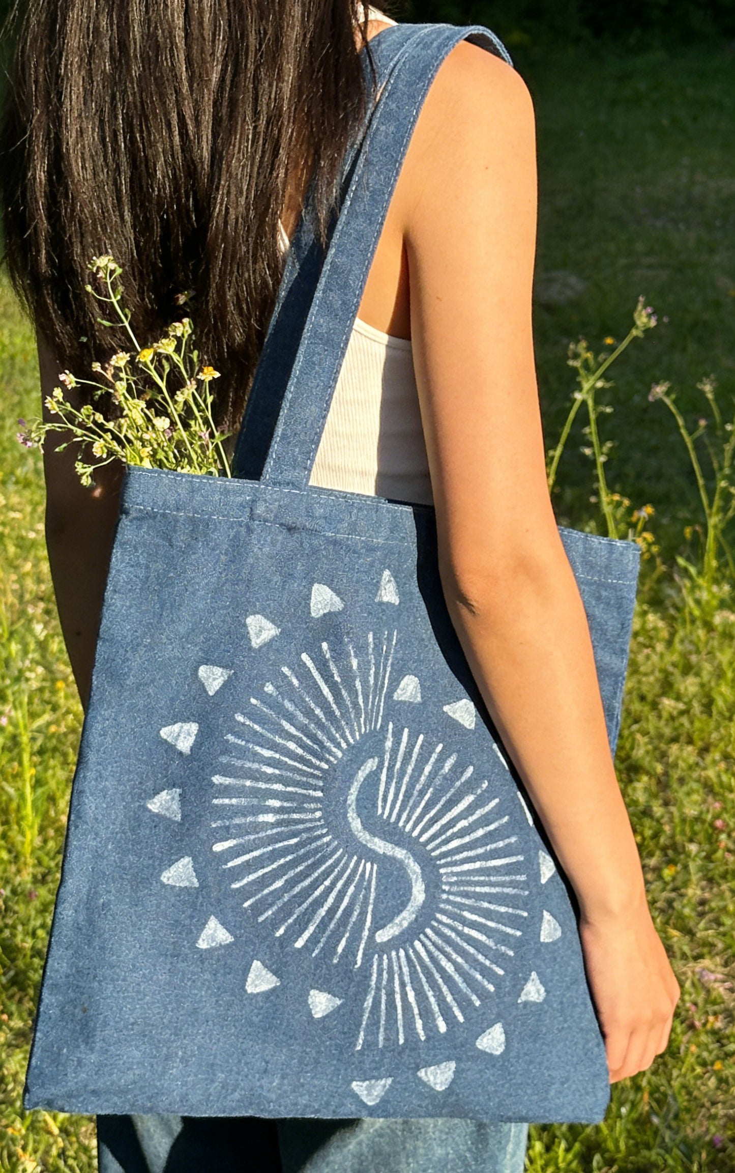Hand-dyed Indigo Batik Sunburst Tote Bag -  Batik Canvas Tote Bag, Hand-painted art collectors, Everyday artistic lifestyle, One of a Kind Cotton Carry Bag #BA05D