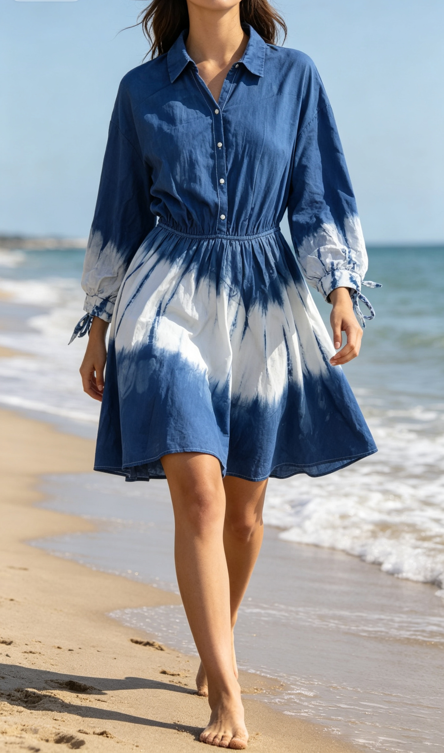 Handmade Indigo Tie-Dye Shirt Dress | Natural Cotton Belted Mini Dress | Boho Three-Quarter Sleeve Dress