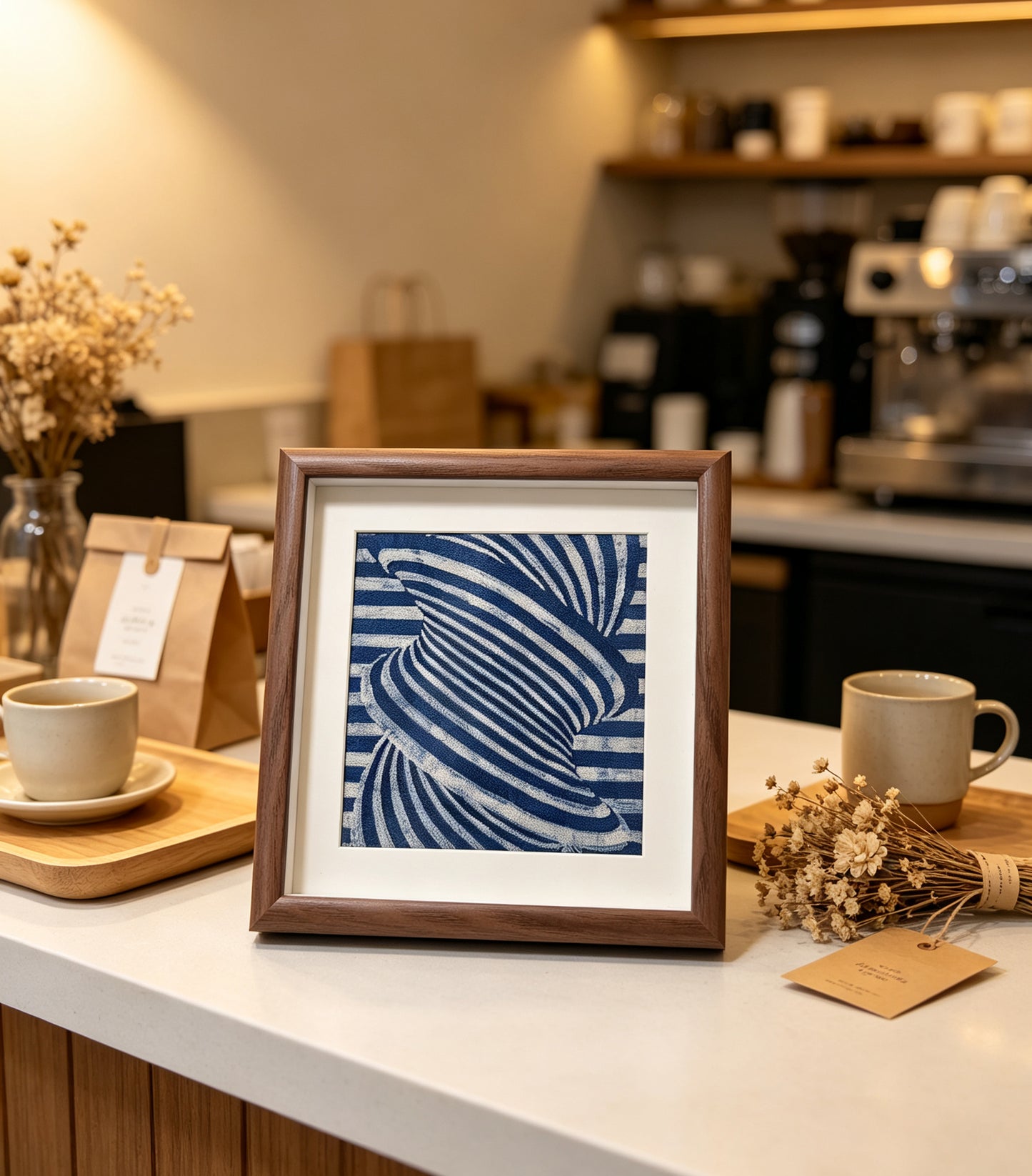 Handmade Indigo Batik Geometric Wall Art, Wood Framed Textile Art, Modern Abstract Indigo Home Décor