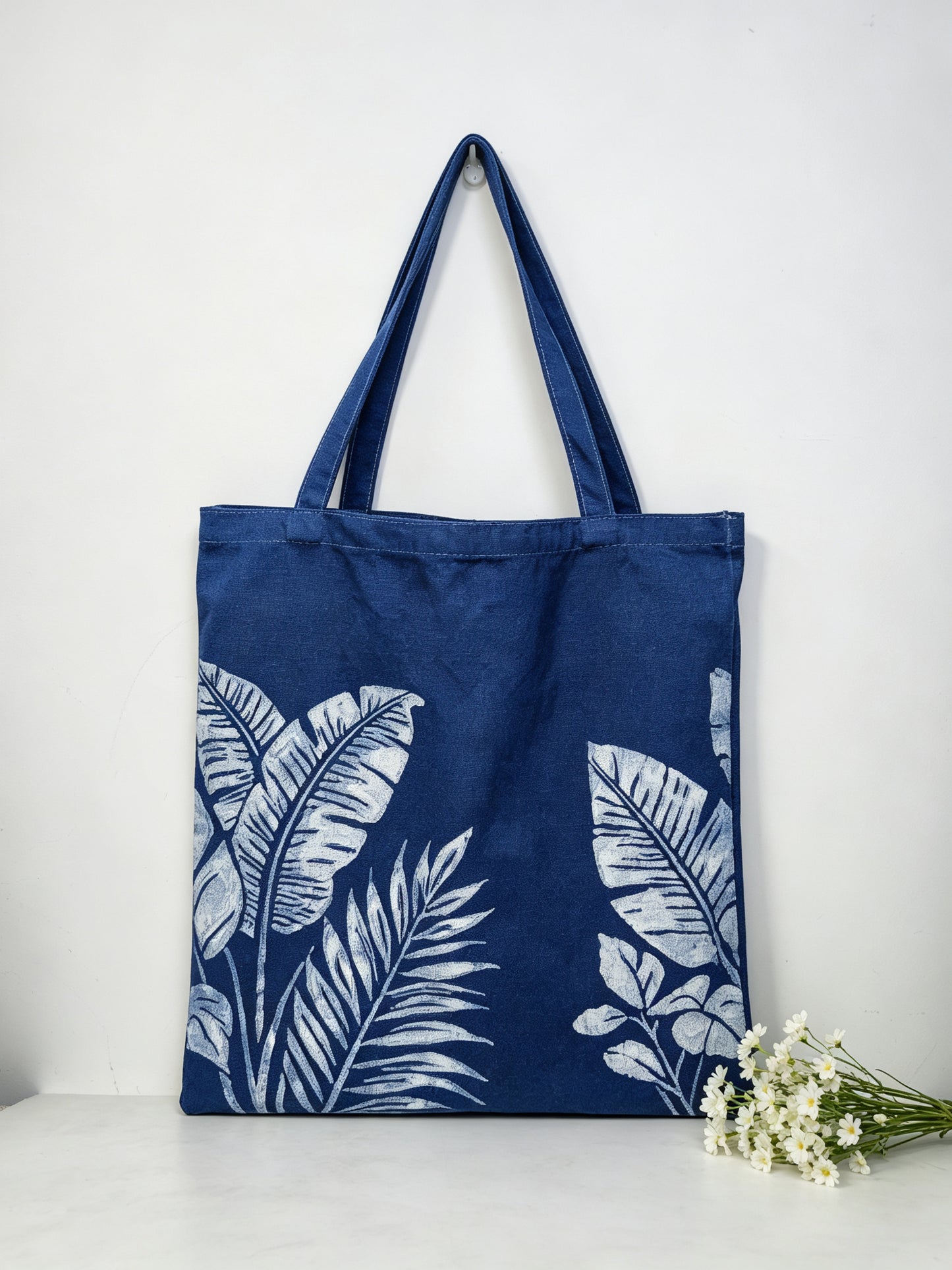Handmade Indigo Batik Ginkgo Leaf Tote Bag, Cotton Canvas Shoulder Bag, Eco-Friendly Everyday Market Tote