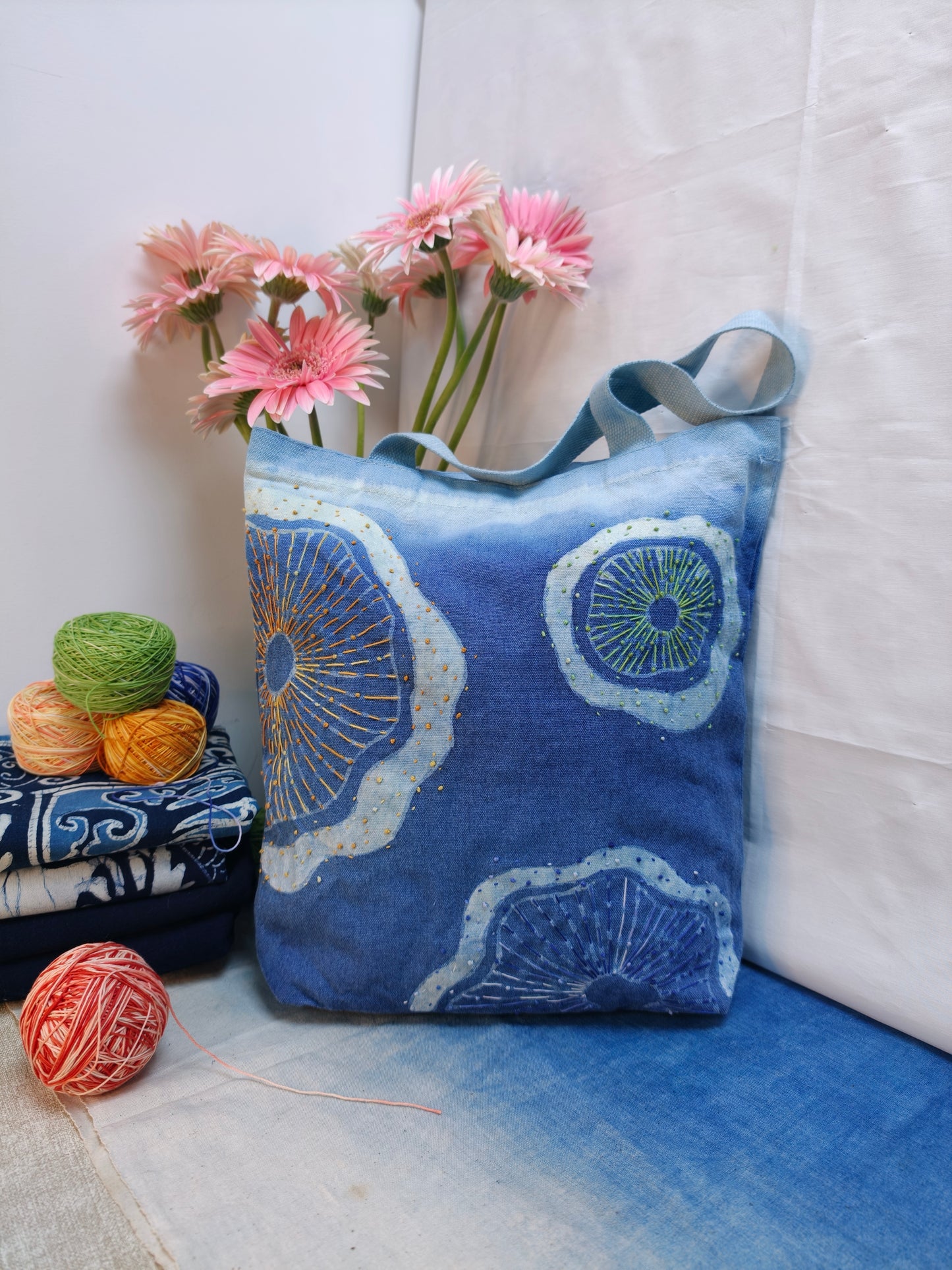 Hand Dyed Indigo Tote Bag, Embroidered Cotton Canvas Tote,  Lotus Leaf Canvas Tote Bag, Blue Shibori Bag, Hand-dyed Everyday Book Tote#BA10D