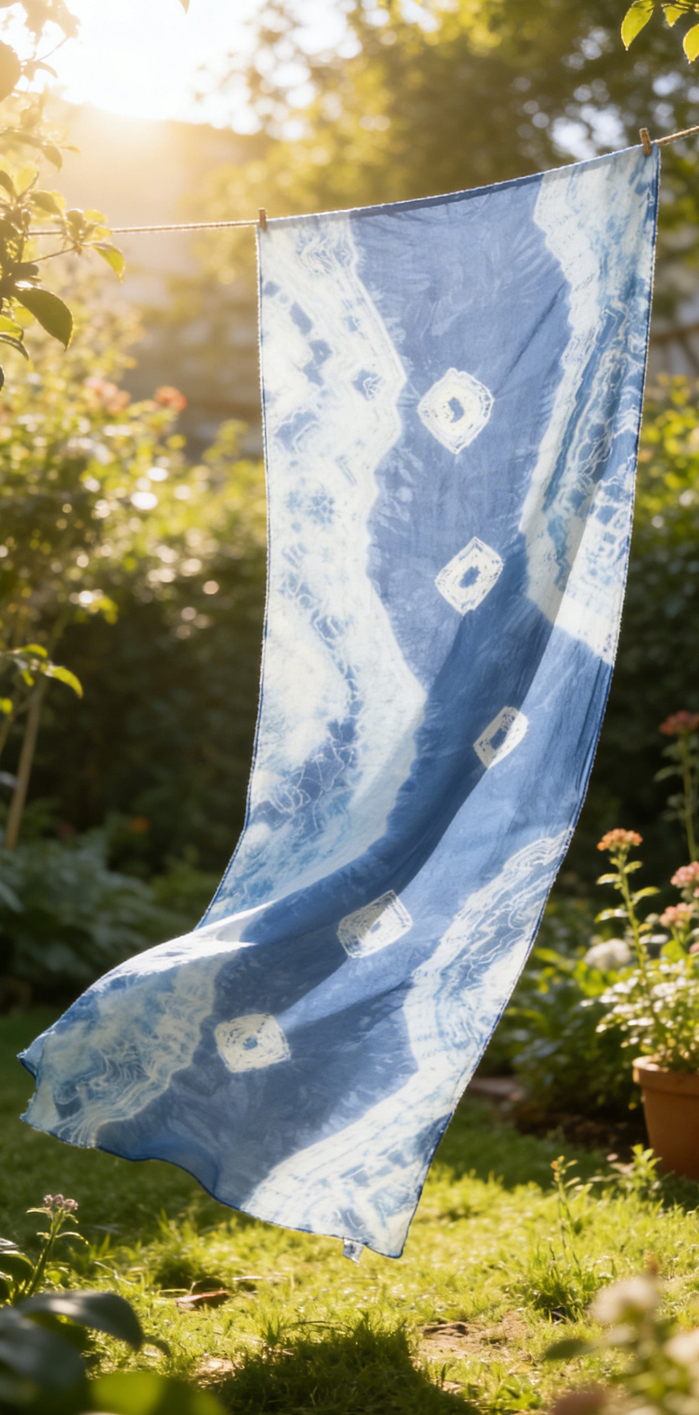 Blue and white patterned fabric hanging outdoors in a garden