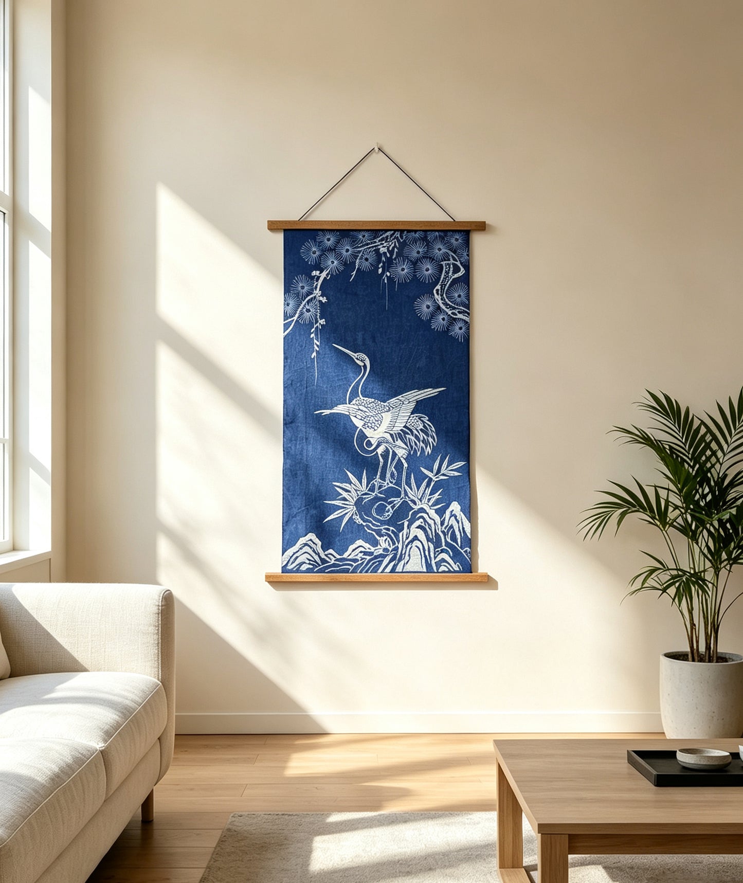 Handmade Indigo Batik Pine & Crane Wall Hanging, Chinese Longevity Textile Art, Zen Home Décor, Cotton Wall Art