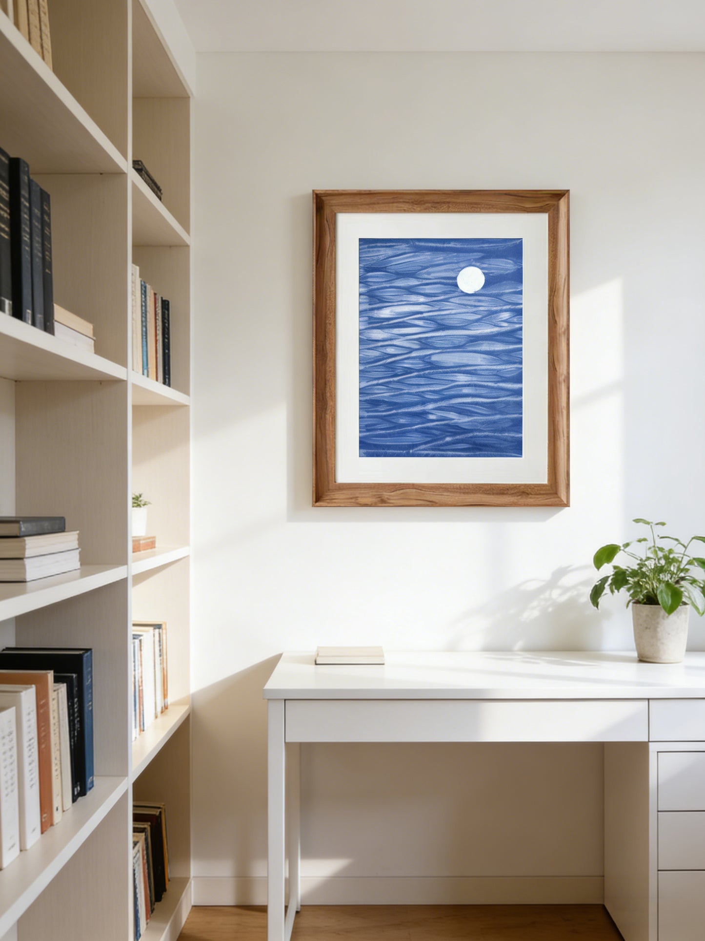 Indigo Batik Wall Art Framed Textile Moonlit Ripples Original Art Decorative Painting Hand-dyed Decor #BW17C