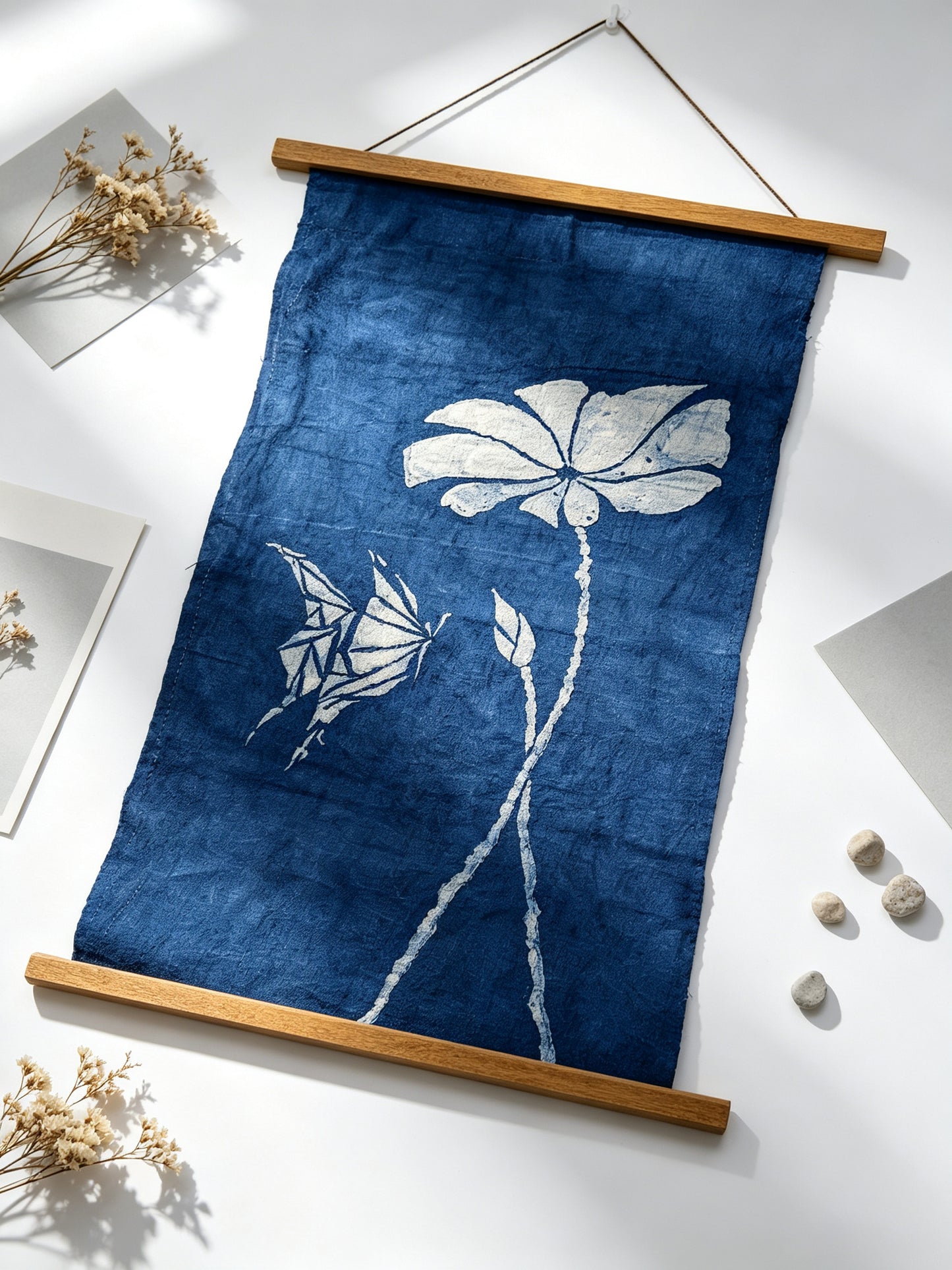 Handmade Indigo Batik Lotus Butterfly Wall Hanging, Textile Wall Art, Cotton Home Décor, Wabi-Sabi Zen Art