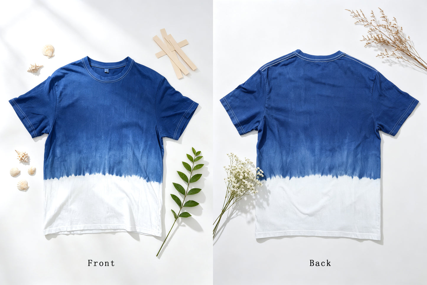 A short-sleeve crew-neck T-shirt shown from both front and back in a flat-lay layout. The shirt has a blue-to-white dip-dye or gradient design, with blue on the upper portion fading into white on the lower portion.