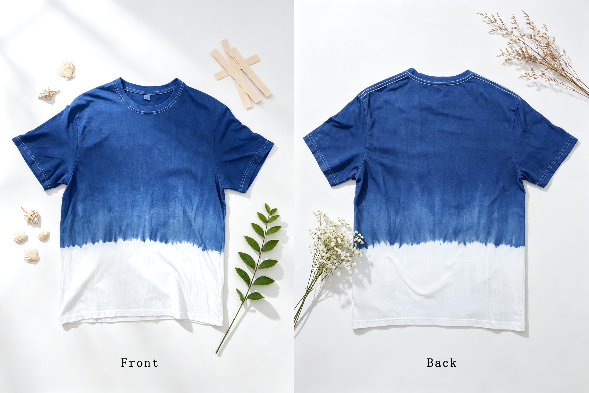 A short-sleeve crew-neck T-shirt shown from both front and back in a flat-lay layout. The shirt has a blue-to-white dip-dye or gradient design, with blue on the upper portion fading into white on the lower portion.