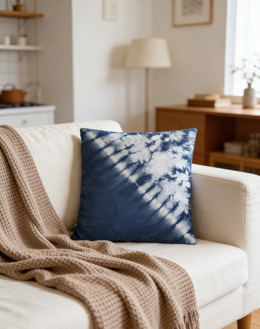 Indigo Batik Pillow Cover – "Starry Galaxy" Hand Tie-dye Diagonal Color Block Pillow Cover | Modern Minimalist Wabi Sabi Home Decor, Cotton Boho Farmhouse Decor #BH06H