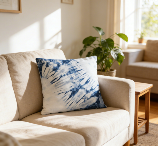 Beige sofa with a blue and white tie-dye pillow in a bright living room.