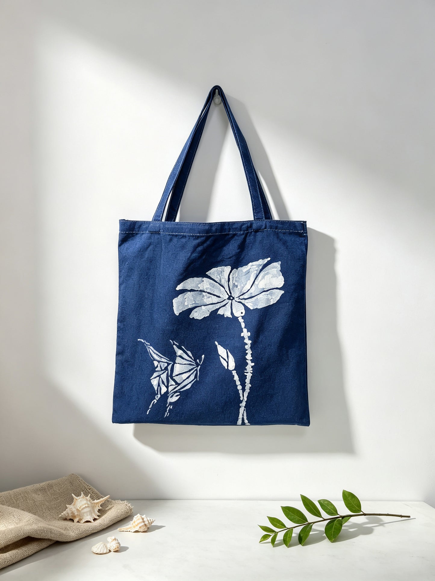 Handmade Indigo Batik Lotus Butterfly Tote Bag, Cotton Canvas Shoulder Bag, Eco-Friendly Everyday Market Tote