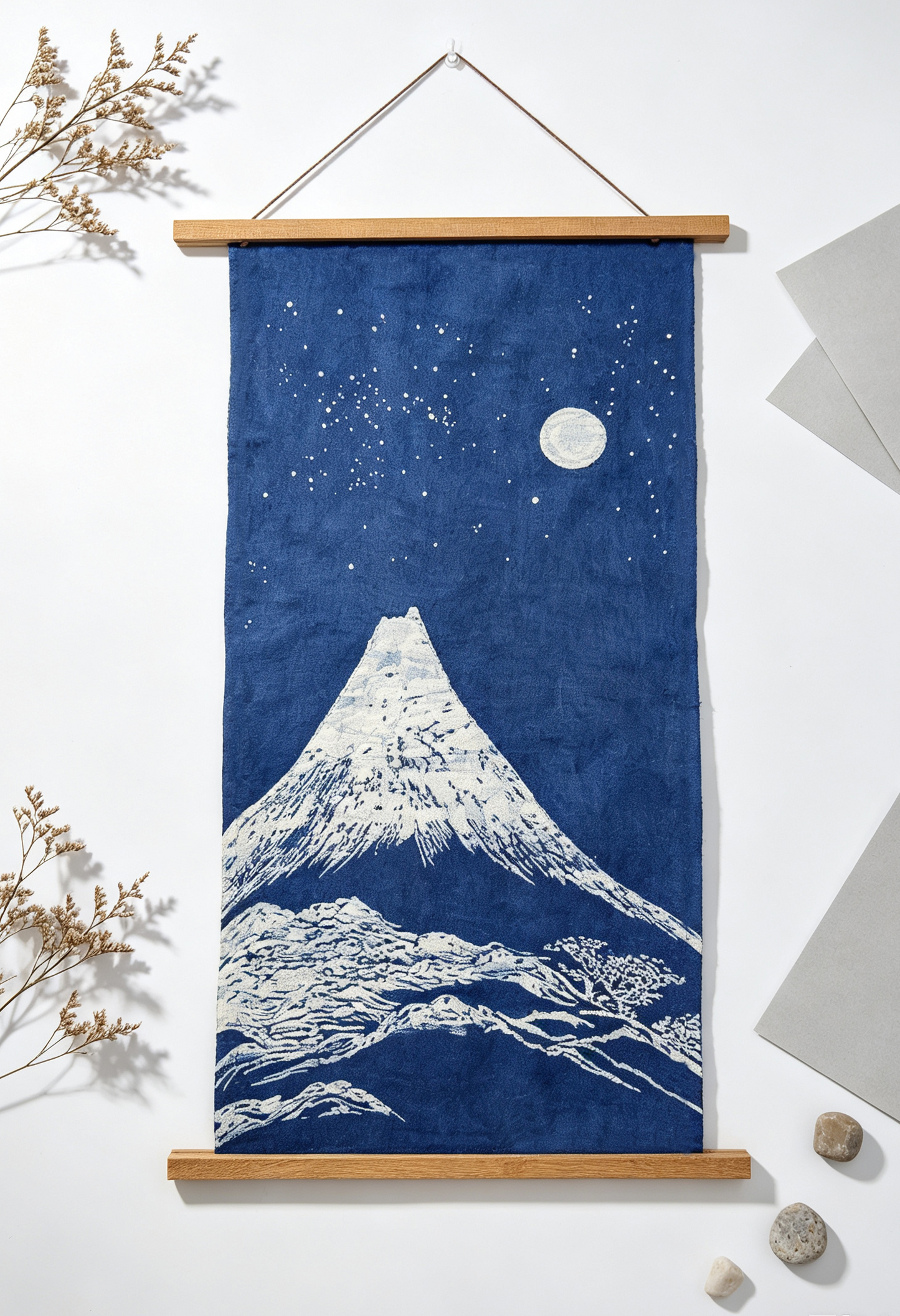Handmade Indigo Batik Snow Mountain Wall Hanging, Moonlit Landscape Textile Art, Zen Home Décor, Cotton Wall Art