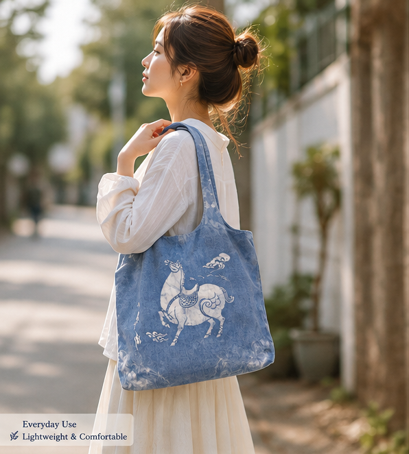 Hand-Dyed Indigo Batik Horse Tote Bag, Blue & White Cotton Shoulder Bag, Horse Lover Gift, One of a Kind Artisan Bag