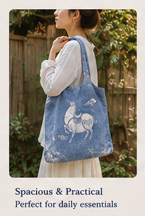 Hand-Dyed Indigo Batik Horse Tote Bag, Blue & White Cotton Shoulder Bag, Horse Lover Gift, One of a Kind Artisan Bag