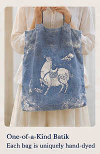 Hand-Dyed Indigo Batik Horse Tote Bag, Blue & White Cotton Shoulder Bag, Horse Lover Gift, One of a Kind Artisan Bag