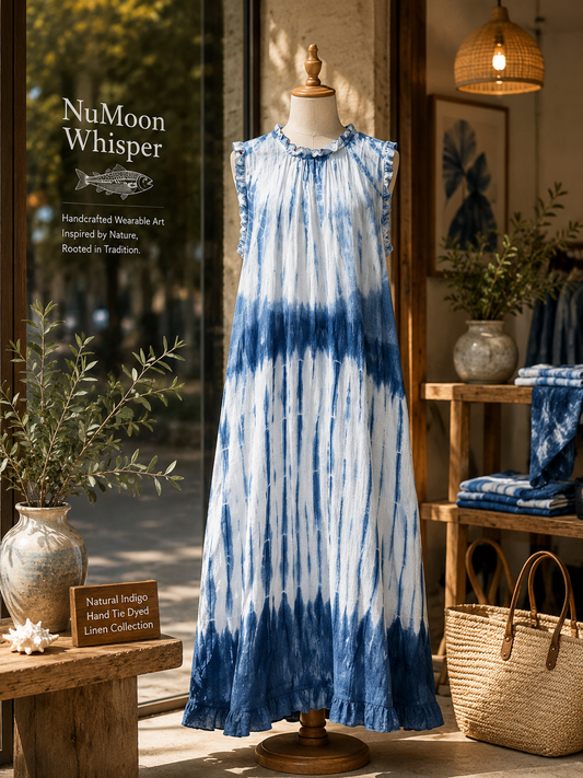 Handmade Indigo Tie-Dye Linen Maxi Dress | Natural Plant Dyed Sleeveless Boho Dress | Relaxed A-Line Dress