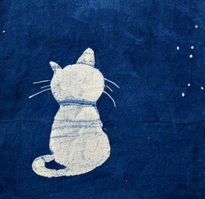 Handmade Indigo Batik Starry Night Wall Hanging, Moonlit Cat & Butterfly Textile Art, Zen Home Décor