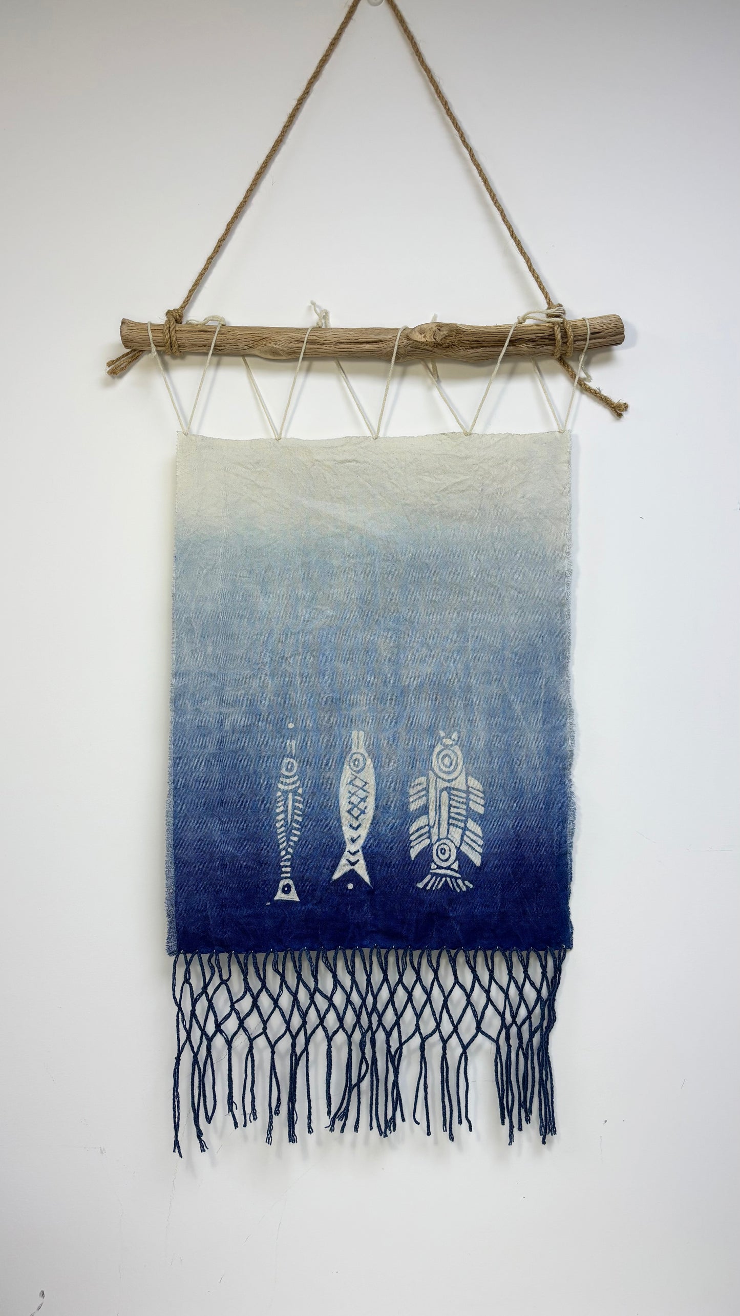 Handmade Han Dynasty Fish Batik Wall Hanging, Indigo Macramé Tapestry, Boho Wall Décor, Chinese Lucky Fish Art