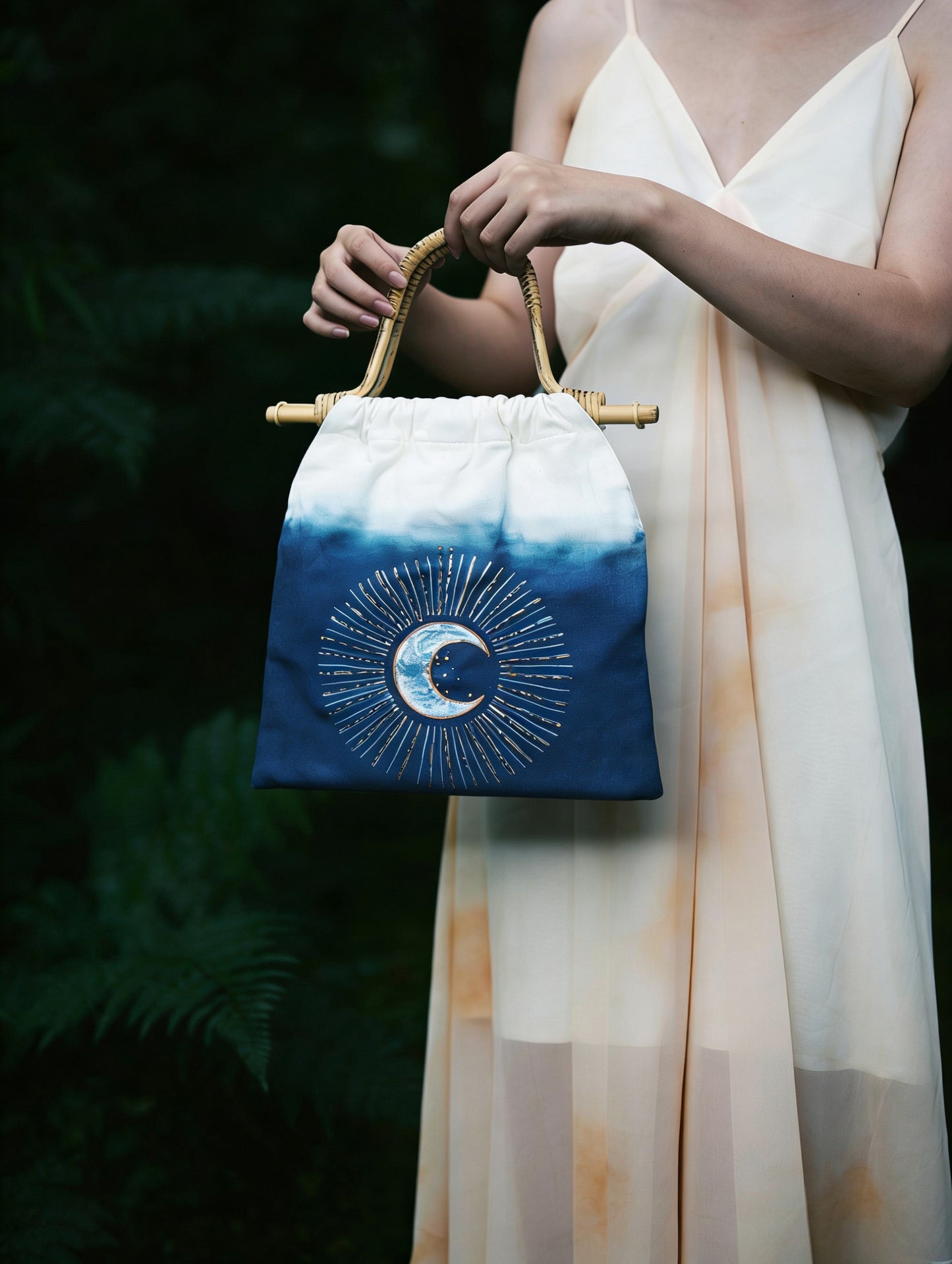 Hand Dyed Indigo Tote Bag, Embroidered Cotton Canvas Tote, Sun, Moon & Star Bag, Blue Shibori Bag, Hand-painted Book Tote, Everyday Market Bag #B10B