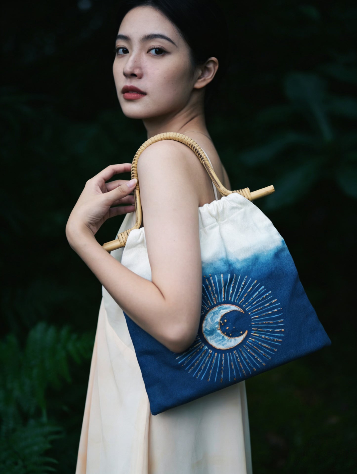 Hand Dyed Indigo Tote Bag, Embroidered Cotton Canvas Tote, Sun, Moon & Star Bag, Blue Shibori Bag, Hand-painted Book Tote, Everyday Market Bag #B10B