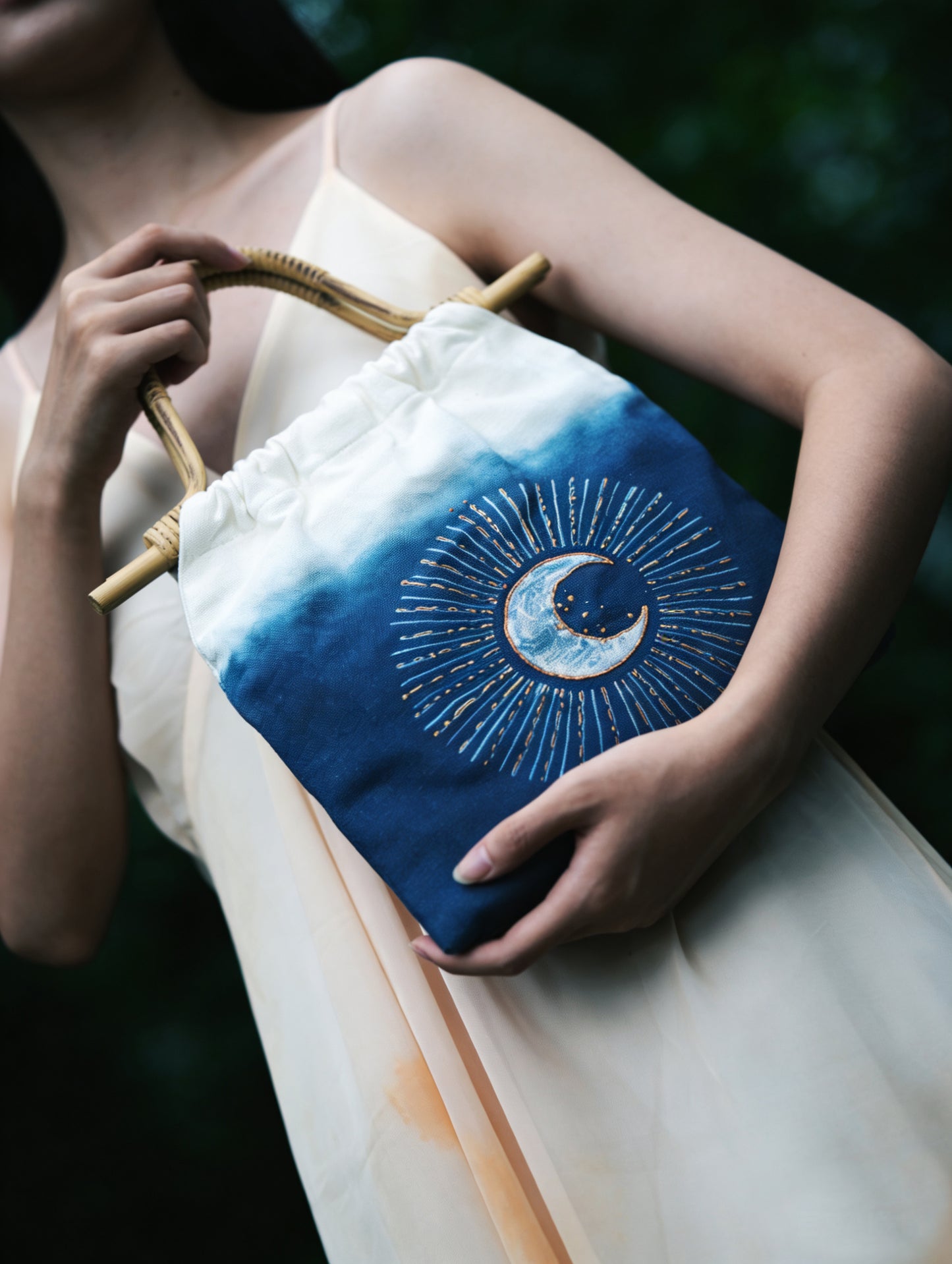 Hand Dyed Indigo Tote Bag, Embroidered Cotton Canvas Tote, Sun, Moon & Star Bag, Blue Shibori Bag, Hand-painted Book Tote, Everyday Market Bag #B10B
