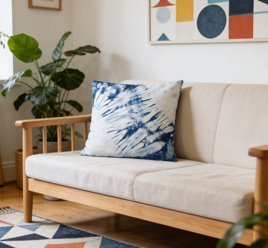Beige sofa with a blue tie-dye pillow in a living room setting